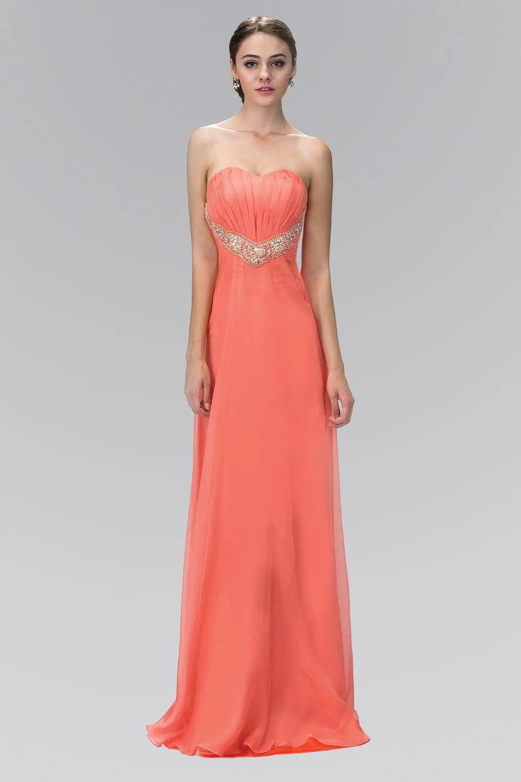 Strapless Sweetheart Chiffon Long Dress with Pleated Bodice and Bead Detailing - RoshelLuxe.com