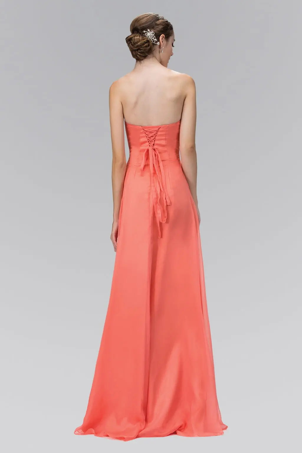 Strapless Sweetheart Chiffon Long Dress with Pleated Bodice and Bead Detailing - RoshelLuxe.com