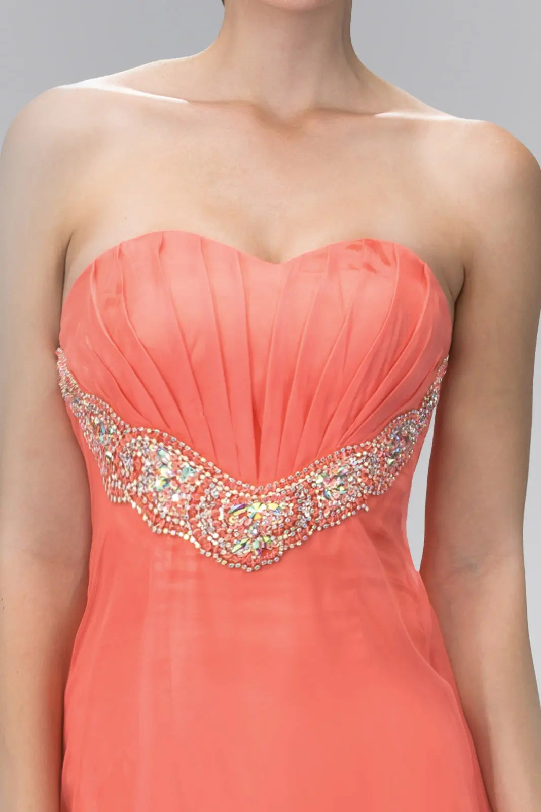 Strapless Sweetheart Chiffon Long Dress with Pleated Bodice and Bead Detailing - RoshelLuxe.com