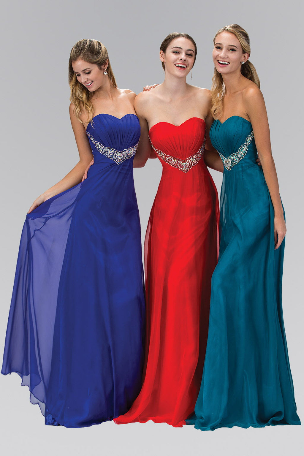 Strapless Sweetheart Chiffon Long Dress with Pleated Bodice and Bead Detailing