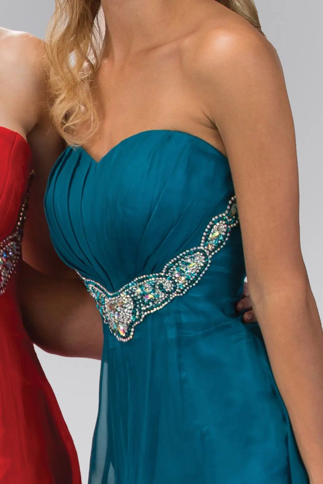 Strapless Sweetheart Chiffon Long Dress with Pleated Bodice and Bead Detailing - RoshelLuxe.com