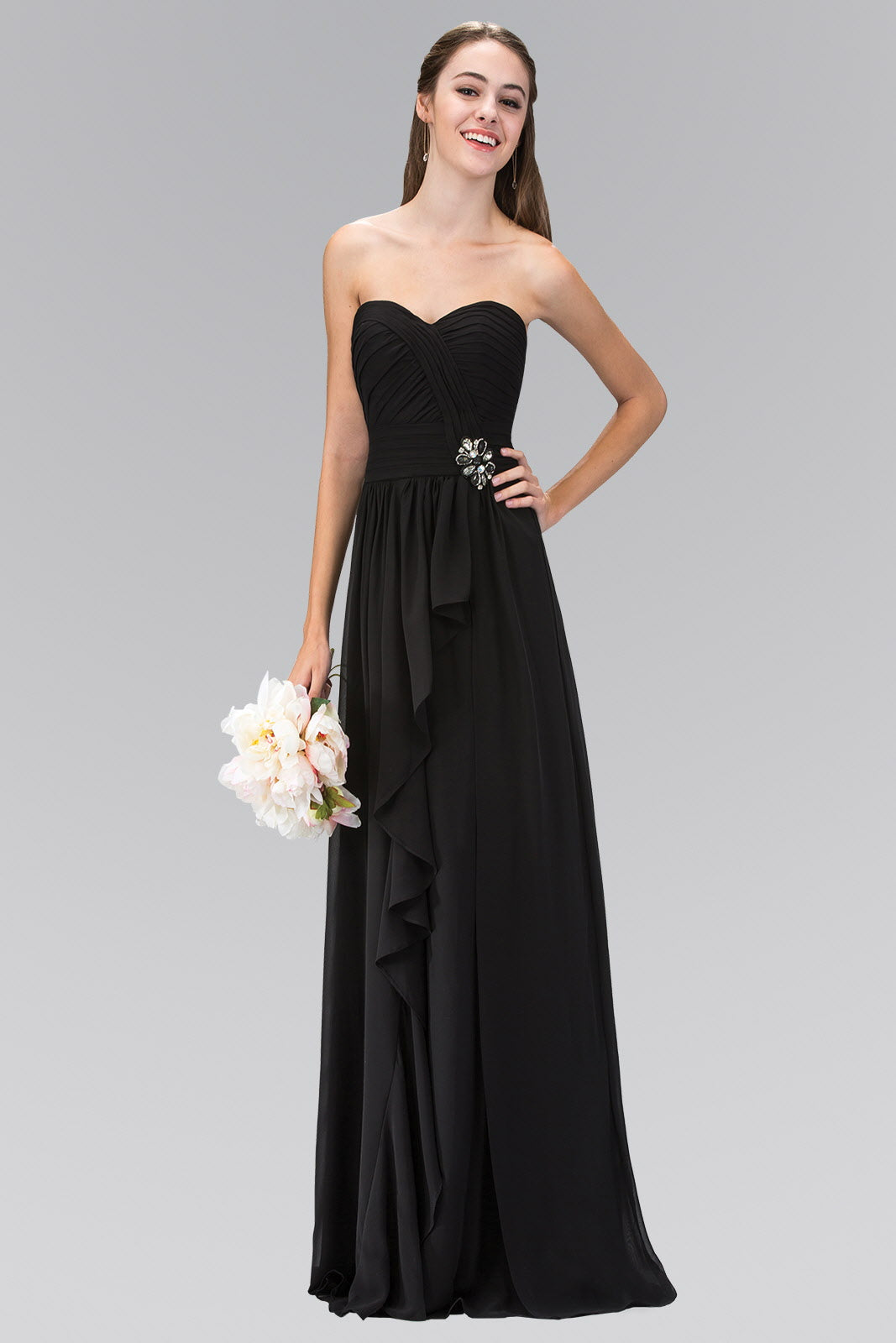 Strapless Sweetheart Chiffon Long Dress with Ruched Bodice - RoshelLuxe.com