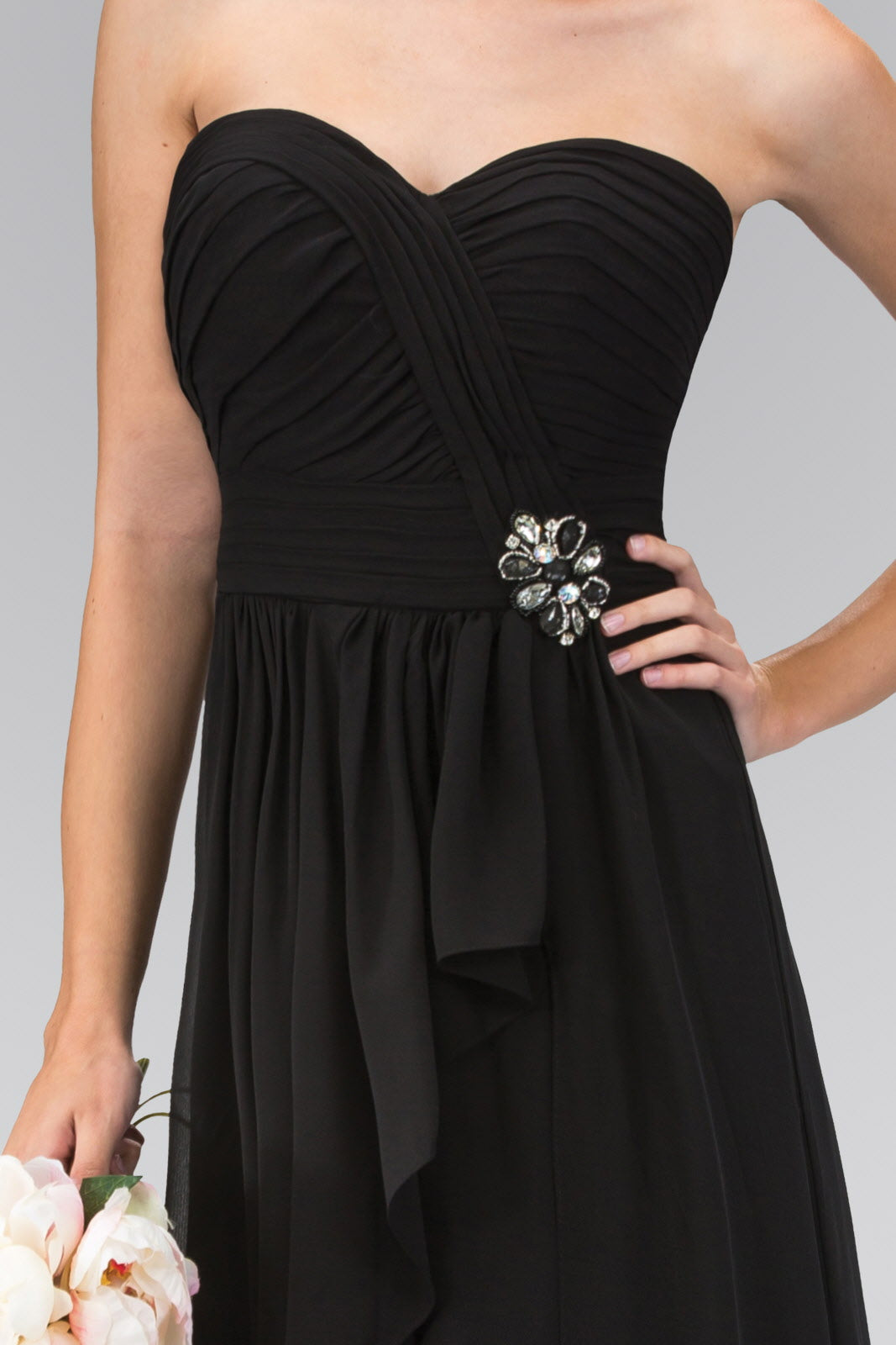 Strapless Sweetheart Chiffon Long Dress with Ruched Bodice - RoshelLuxe.com