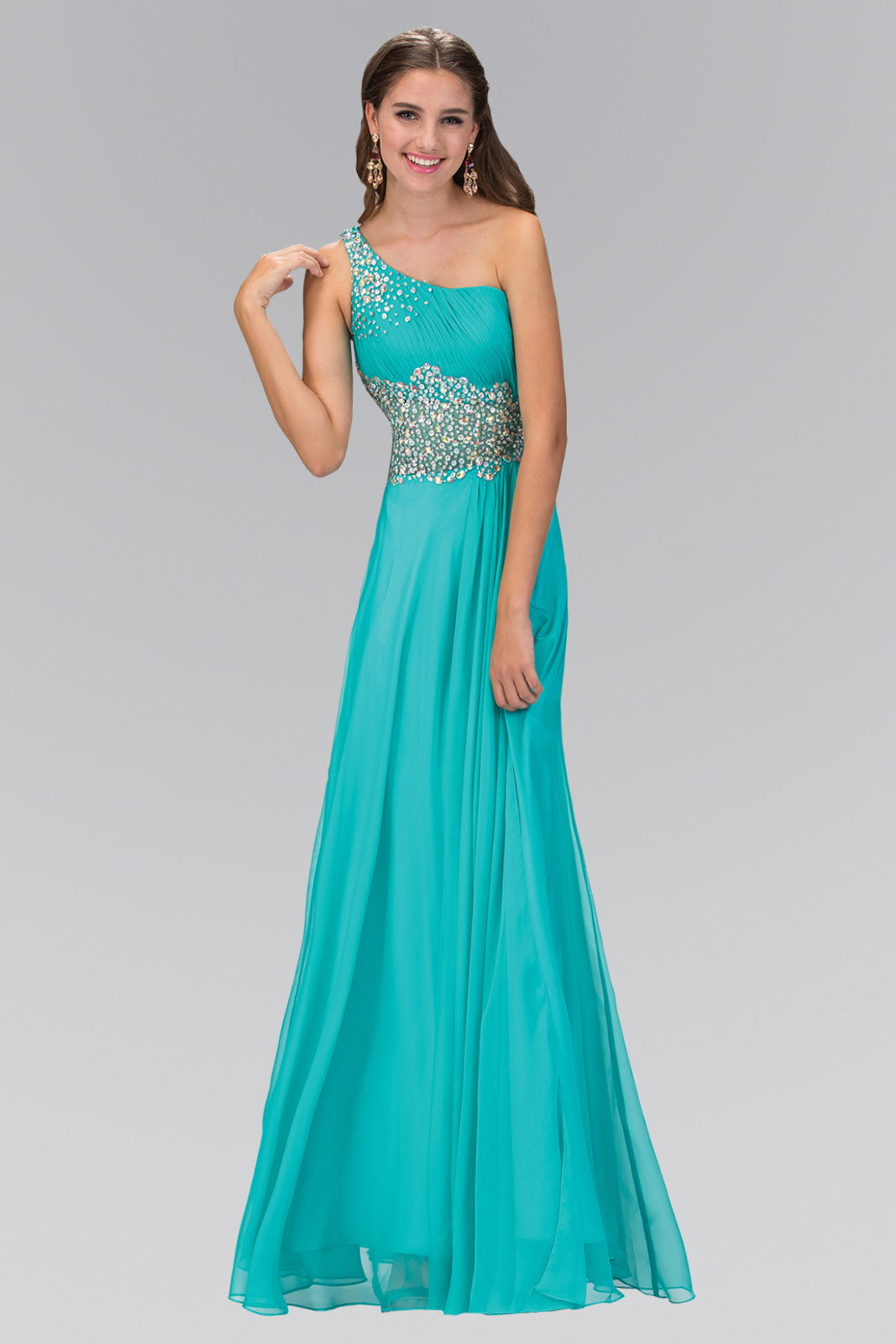 One Shoulder Chiffon Long Dress with Beaded Waistline - RoshelLuxe.com