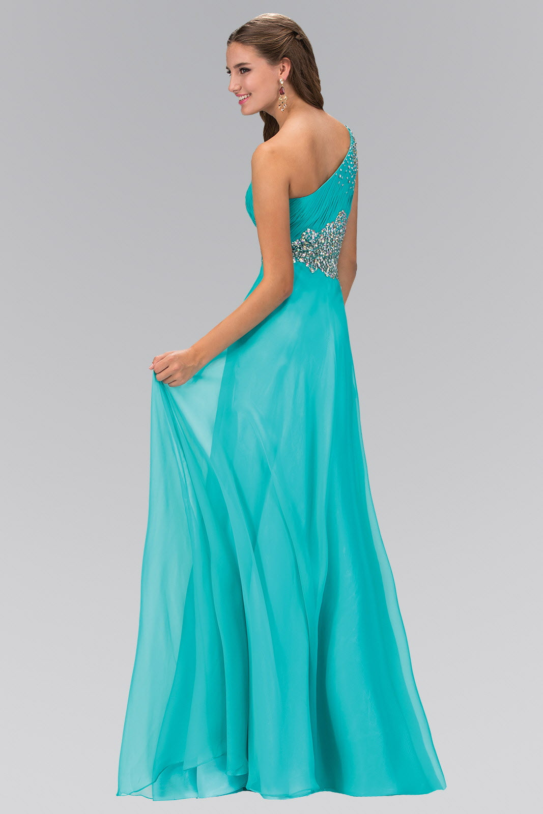 One Shoulder Chiffon Long Dress with Beaded Waistline - RoshelLuxe.com