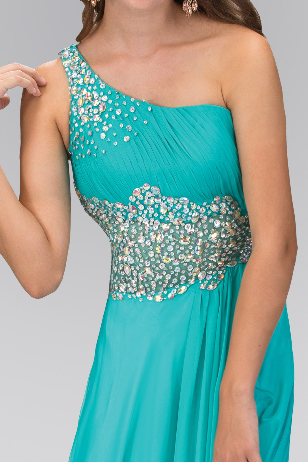 One Shoulder Chiffon Long Dress with Beaded Waistline - RoshelLuxe.com
