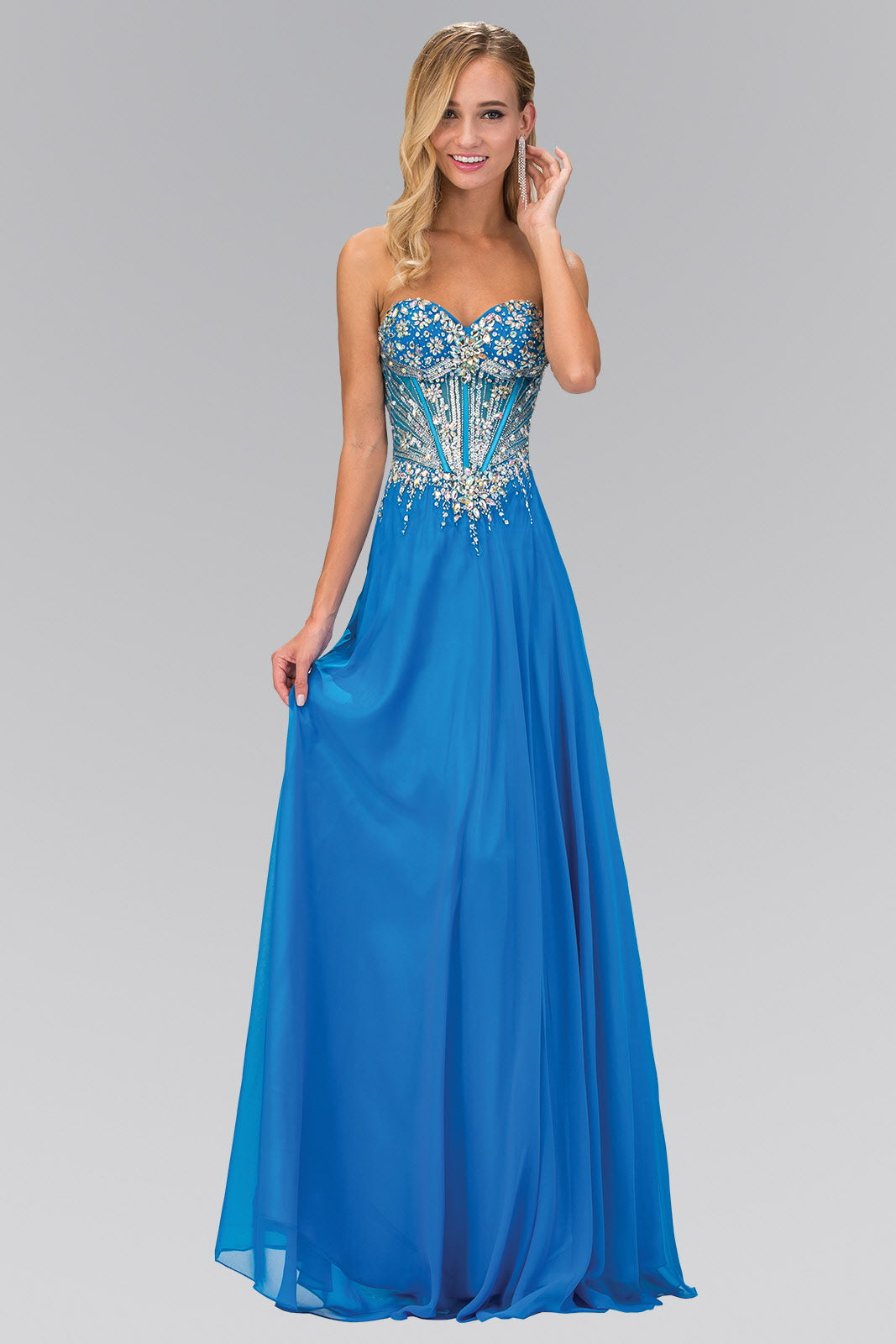 Strapless Sweetheart Chiffon Floor Length Dress with Jeweled Bodice - RoshelLuxe.com