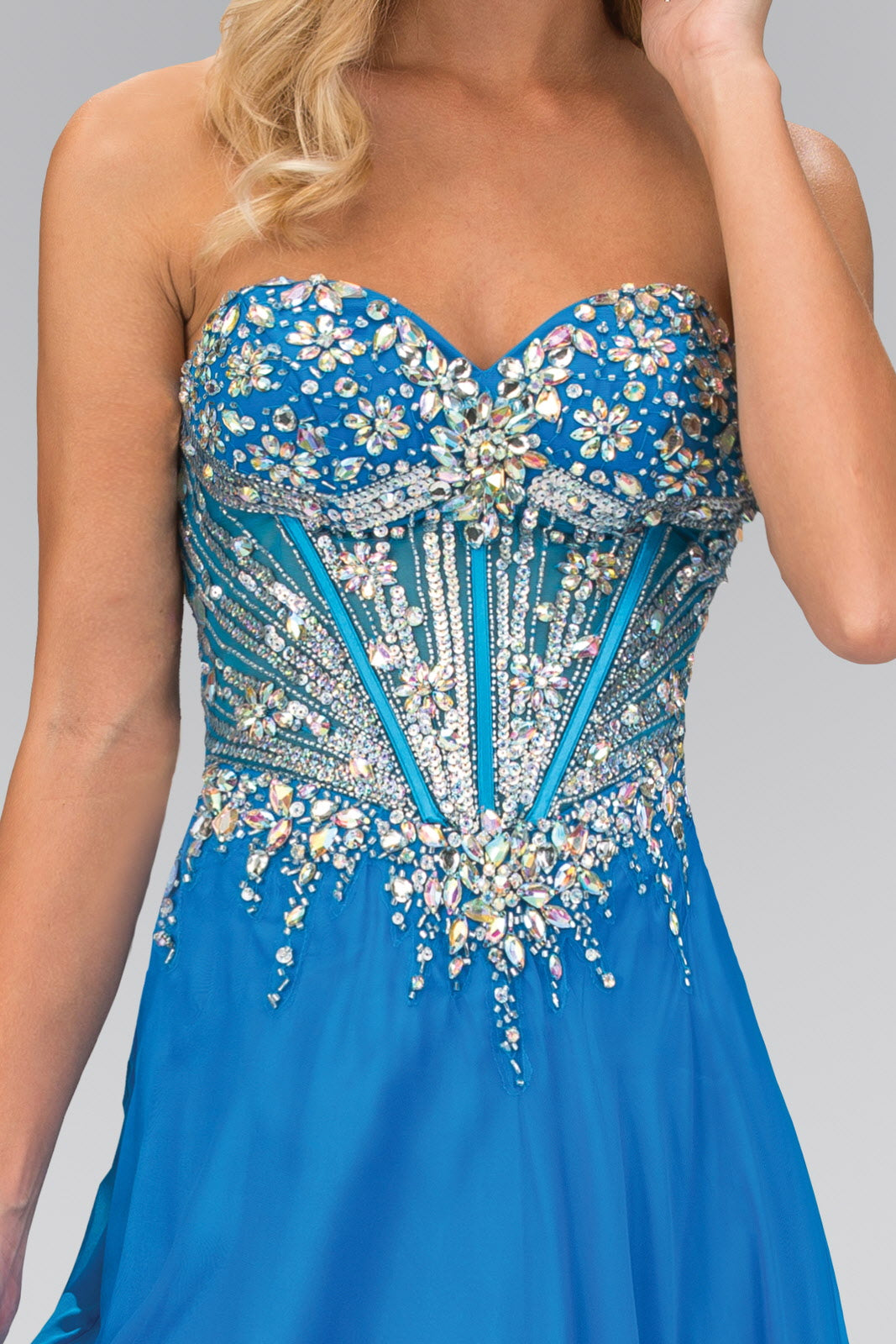 Strapless Sweetheart Chiffon Floor Length Dress with Jeweled Bodice - RoshelLuxe.com