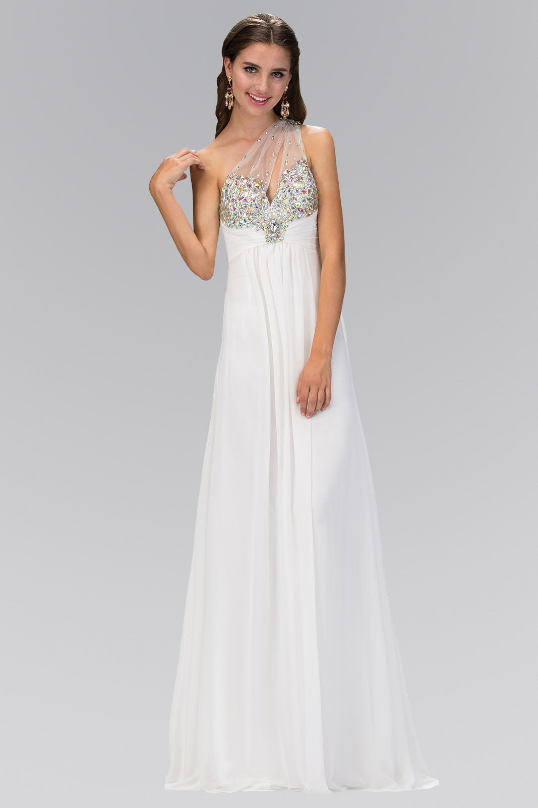 One Shoulder Chiffon Long Dress with Jewel Embellished Bodice and Ruched Waistline - RoshelLuxe.com