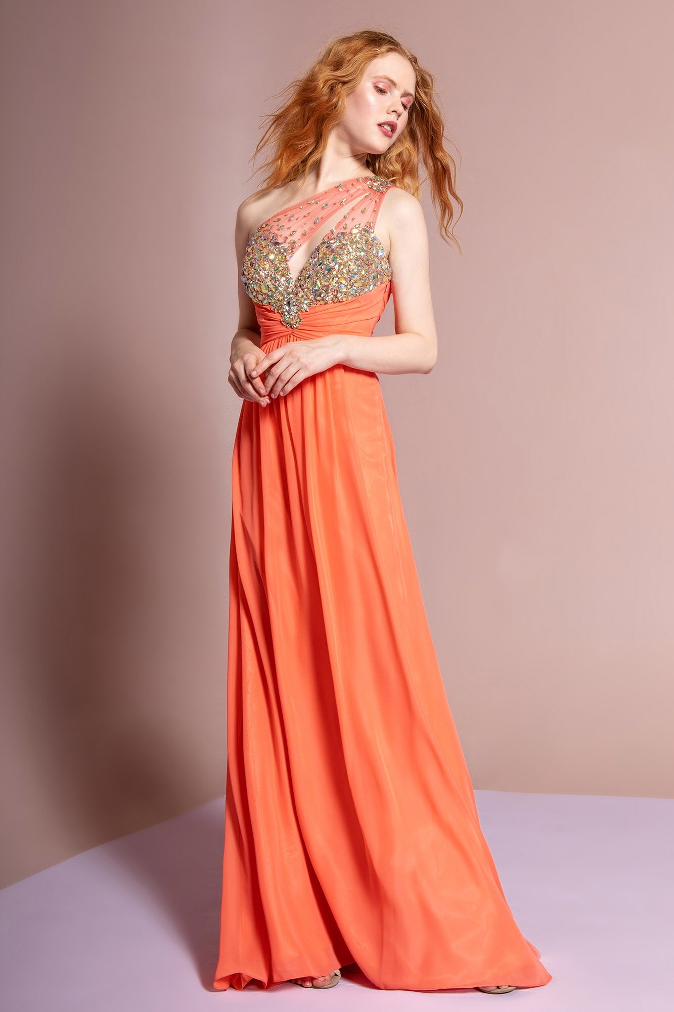 One Shoulder Chiffon Long Dress with Jewel Embellished Bodice and Ruched Waistline - RoshelLuxe.com