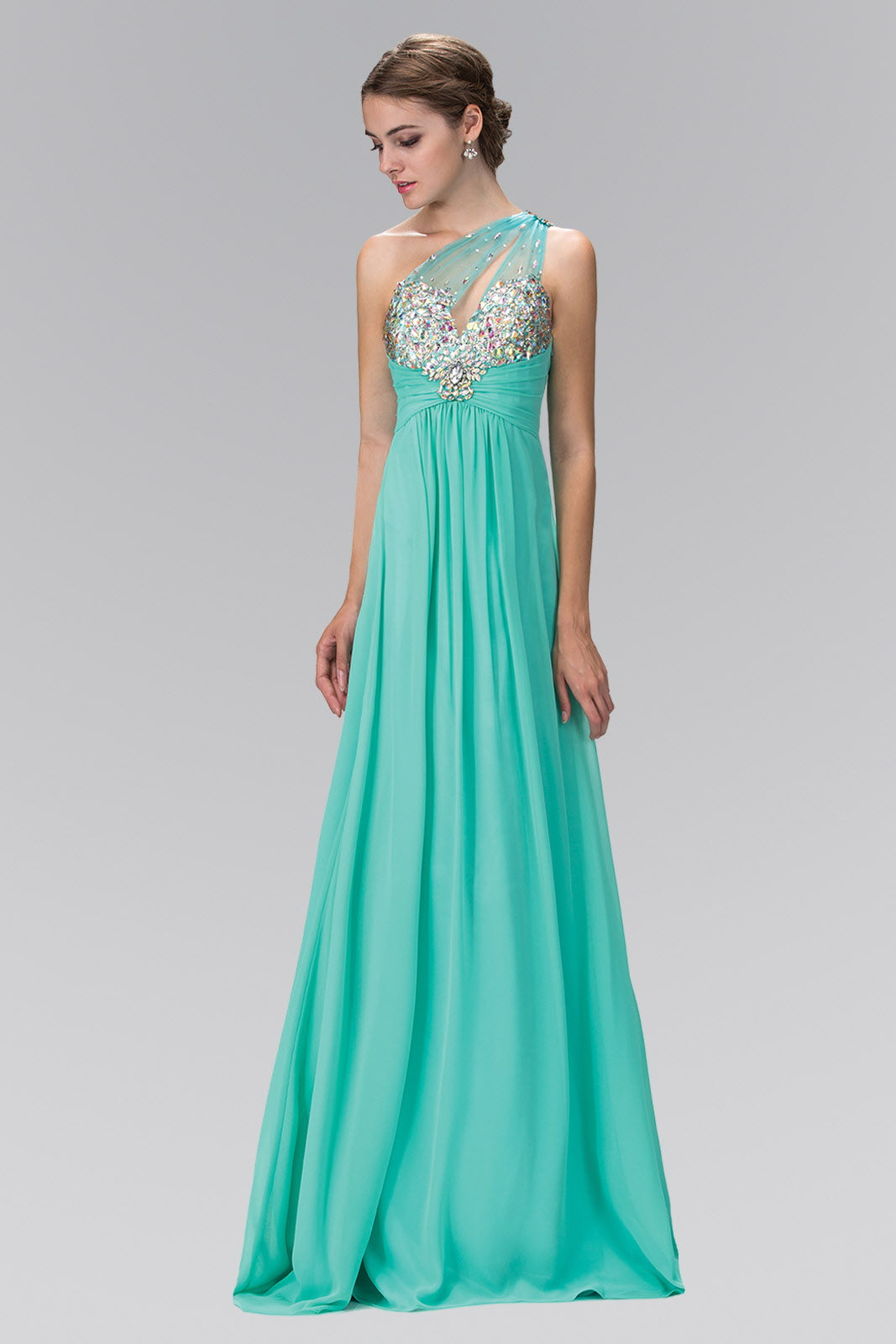 One Shoulder Chiffon Long Dress with Jewel Embellished Bodice and Ruched Waistline - RoshelLuxe.com