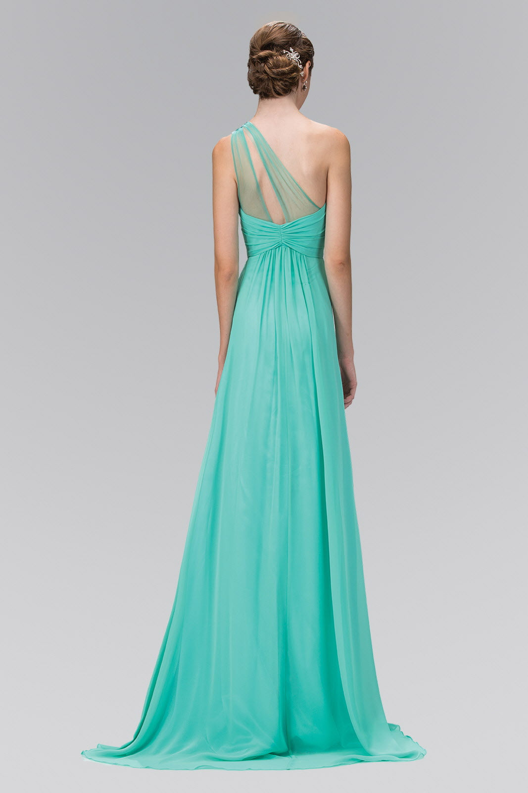 One Shoulder Chiffon Long Dress with Jewel Embellished Bodice and Ruched Waistline - RoshelLuxe.com