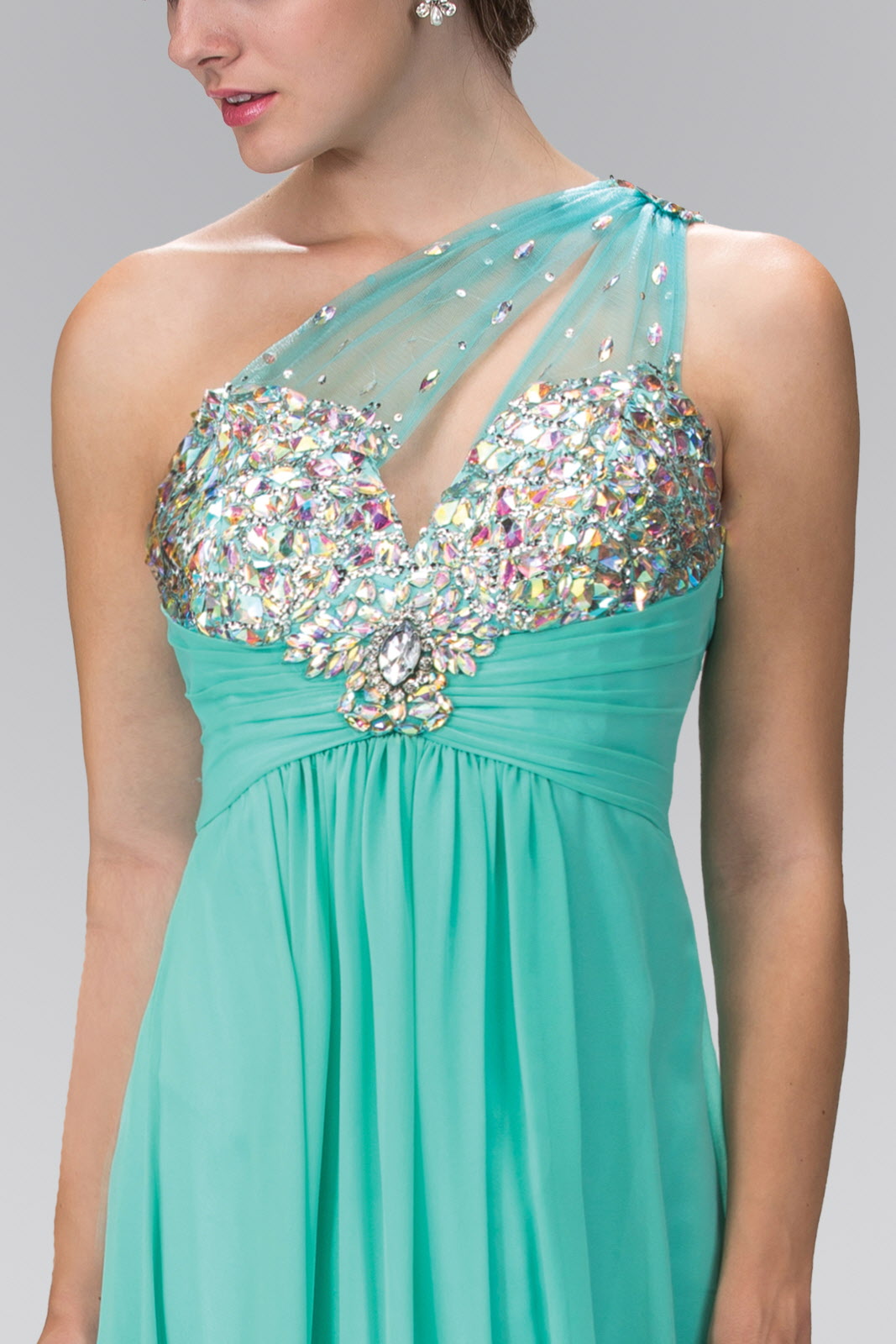 One Shoulder Chiffon Long Dress with Jewel Embellished Bodice and Ruched Waistline - RoshelLuxe.com
