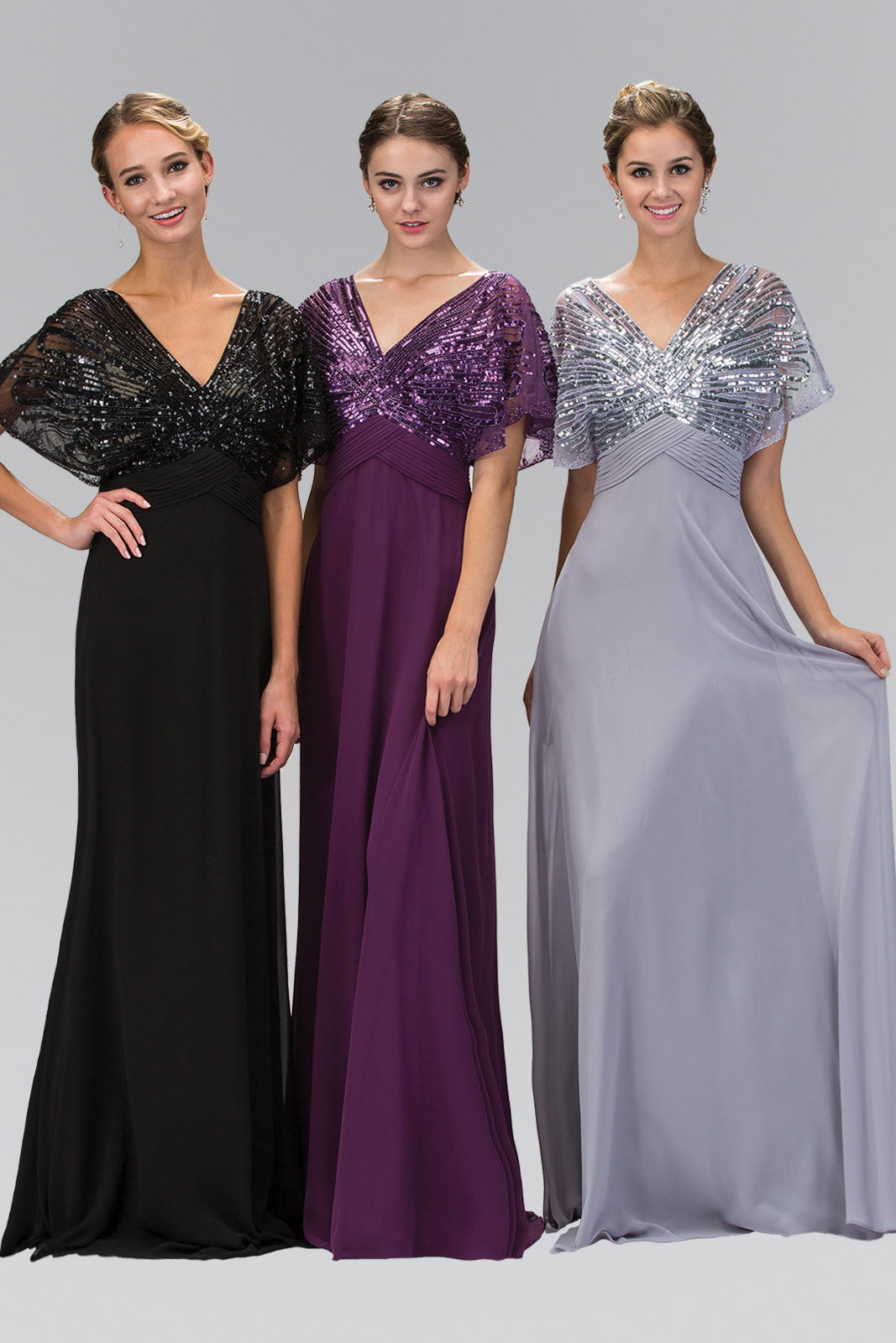 V-Neck Chiffon Long Dress with Sequin Bodice - RoshelLuxe.com