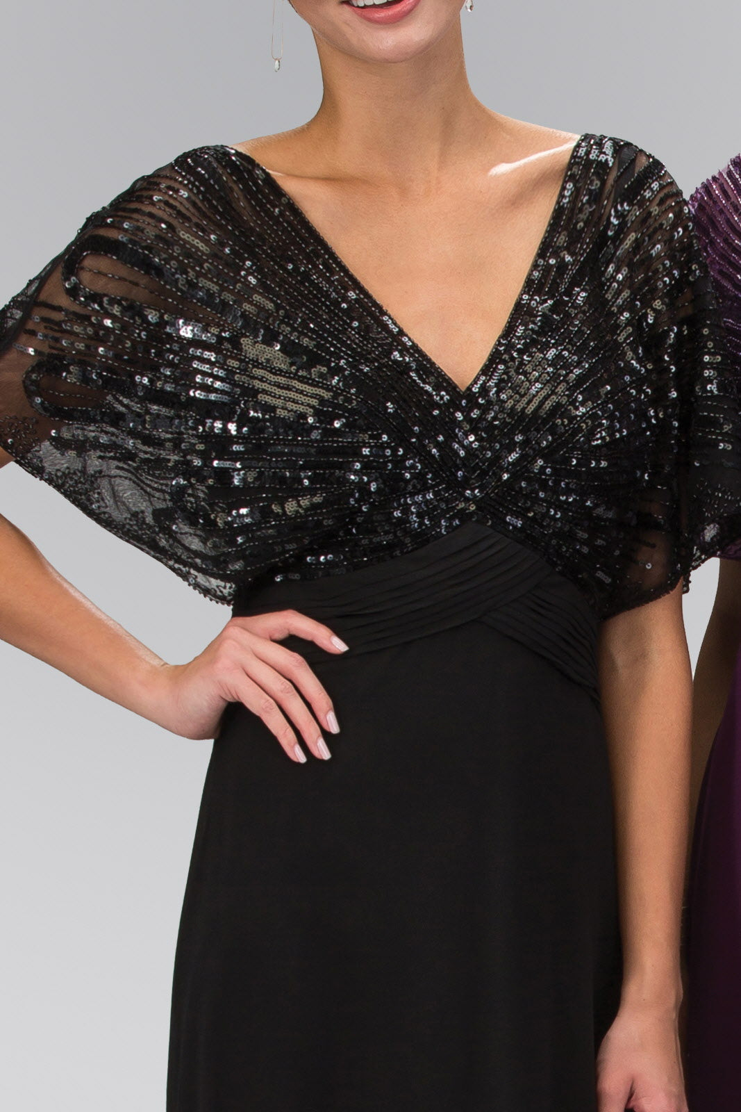 V-Neck Chiffon Long Dress with Sequin Bodice - RoshelLuxe.com