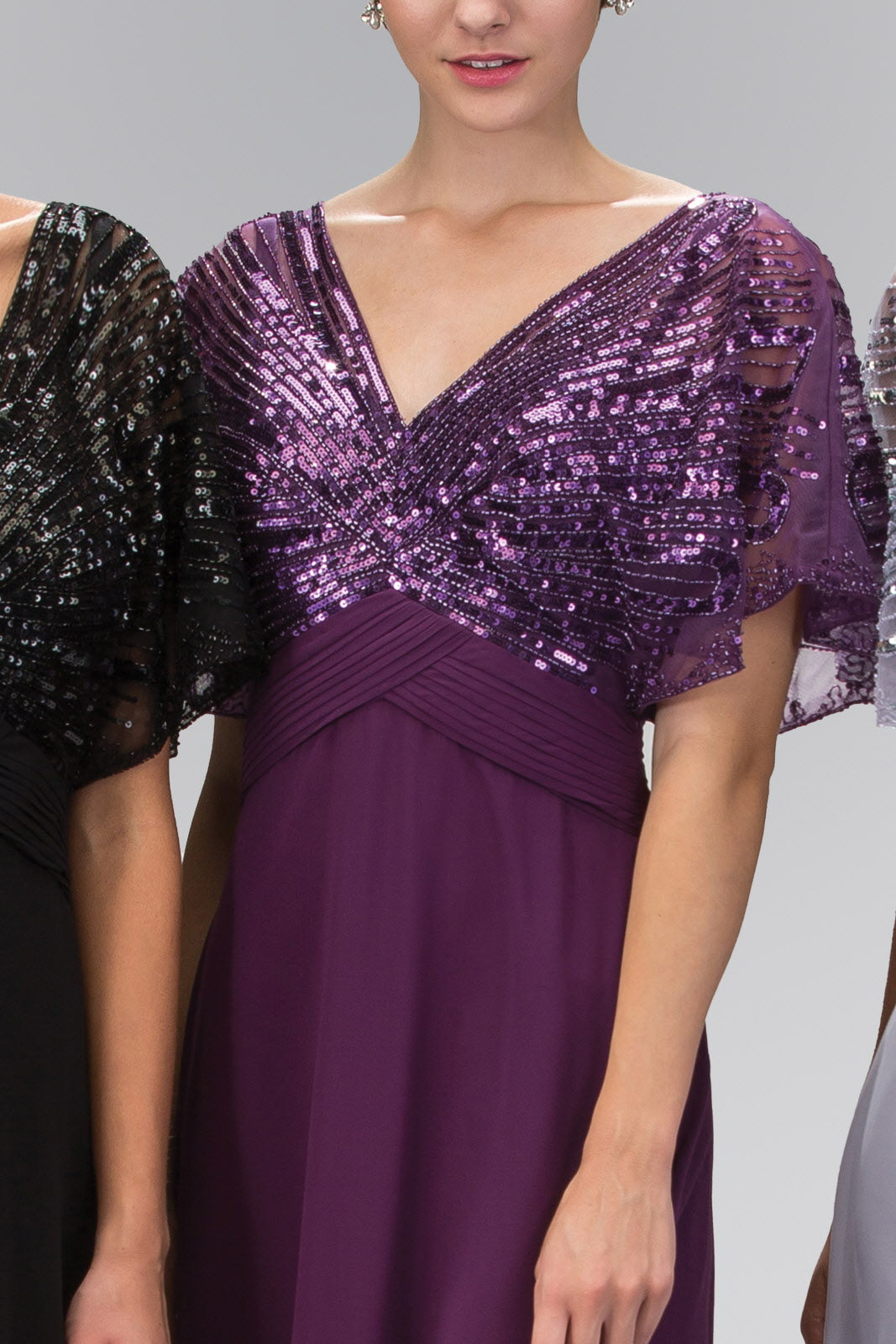 V-Neck Chiffon Long Dress with Sequin Bodice - RoshelLuxe.com