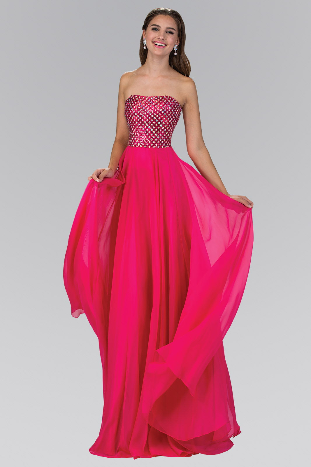 Strapless Chiffon Floor Length Dress Accented with Jewel - RoshelLuxe.com