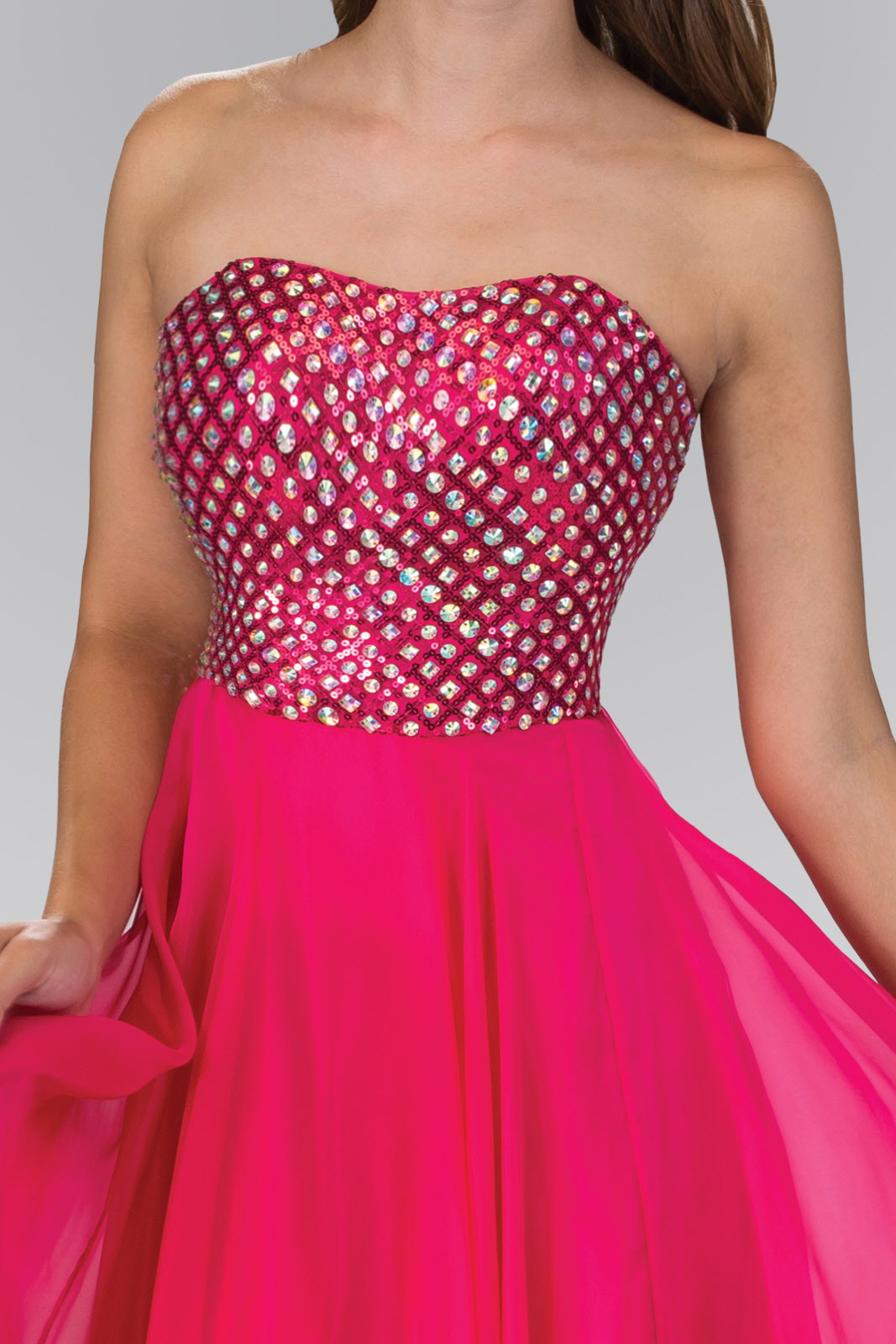 Strapless Chiffon Floor Length Dress Accented with Jewel - RoshelLuxe.com