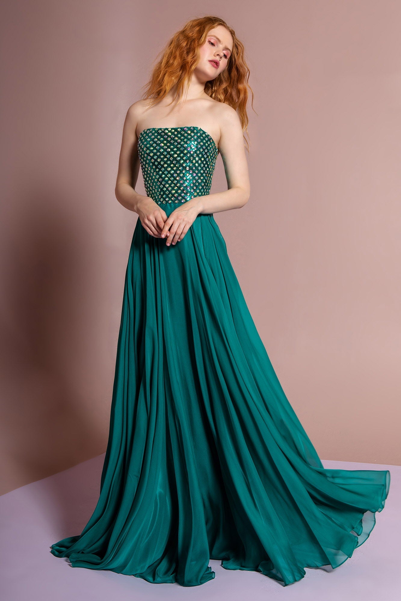 Strapless Chiffon Floor Length Dress Accented with Jewel - RoshelLuxe.com