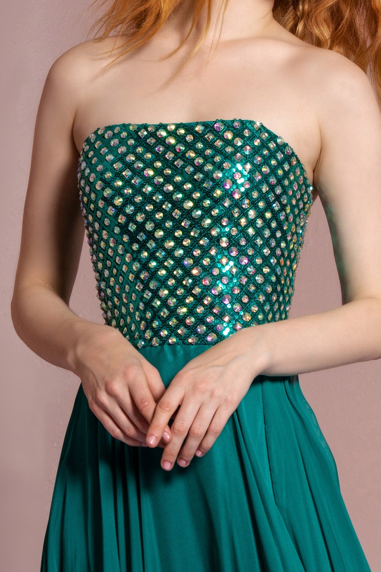 Strapless Chiffon Floor Length Dress Accented with Jewel - RoshelLuxe.com