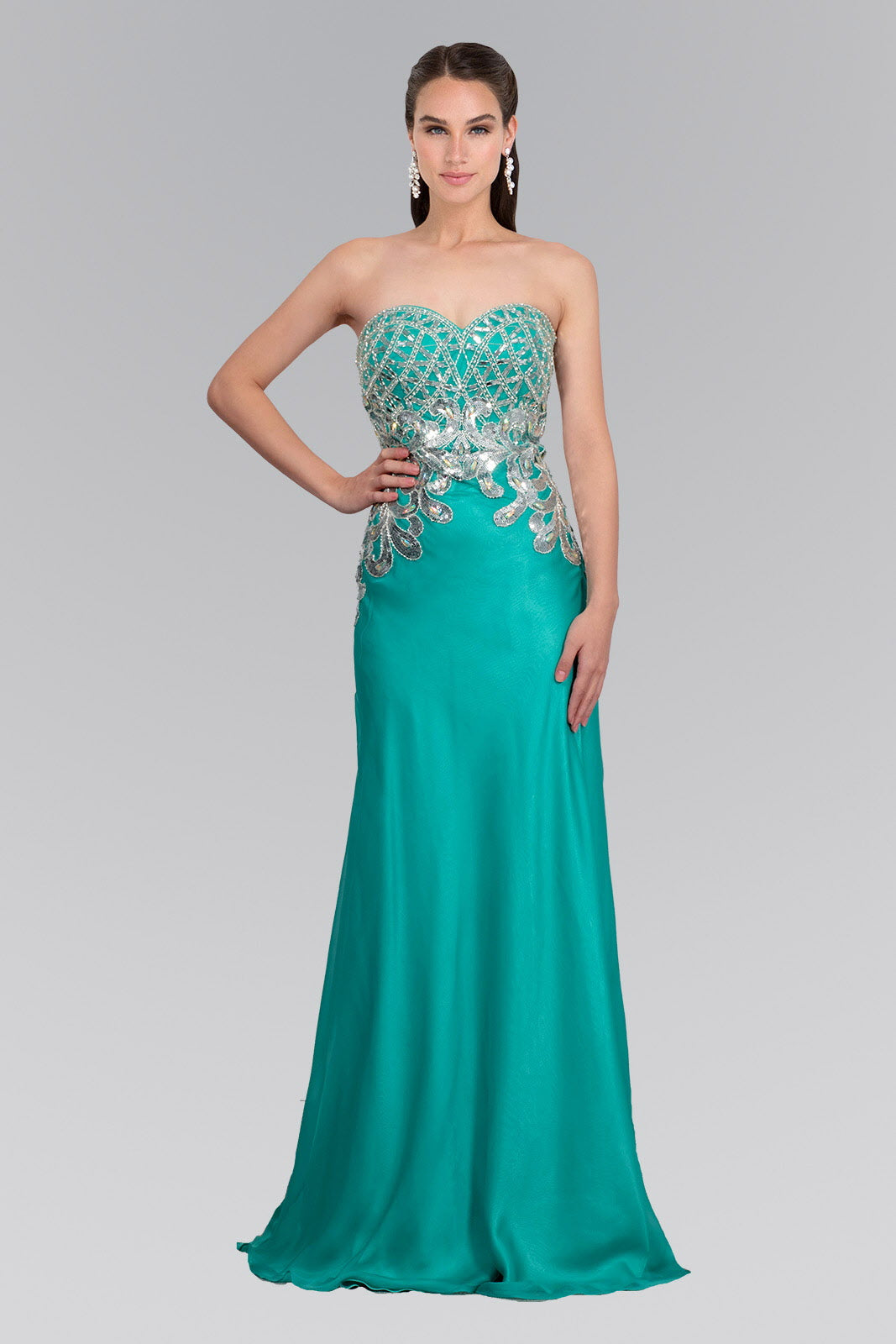 Strapless Sweetheart Chiffon Floor Length Dress with Bead Embellished Bodice - RoshelLuxe.com