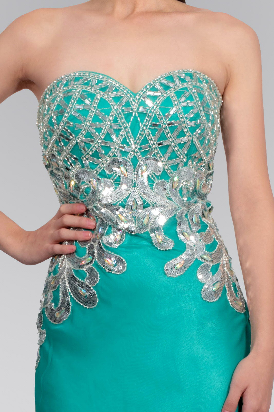 Strapless Sweetheart Chiffon Floor Length Dress with Bead Embellished Bodice - RoshelLuxe.com