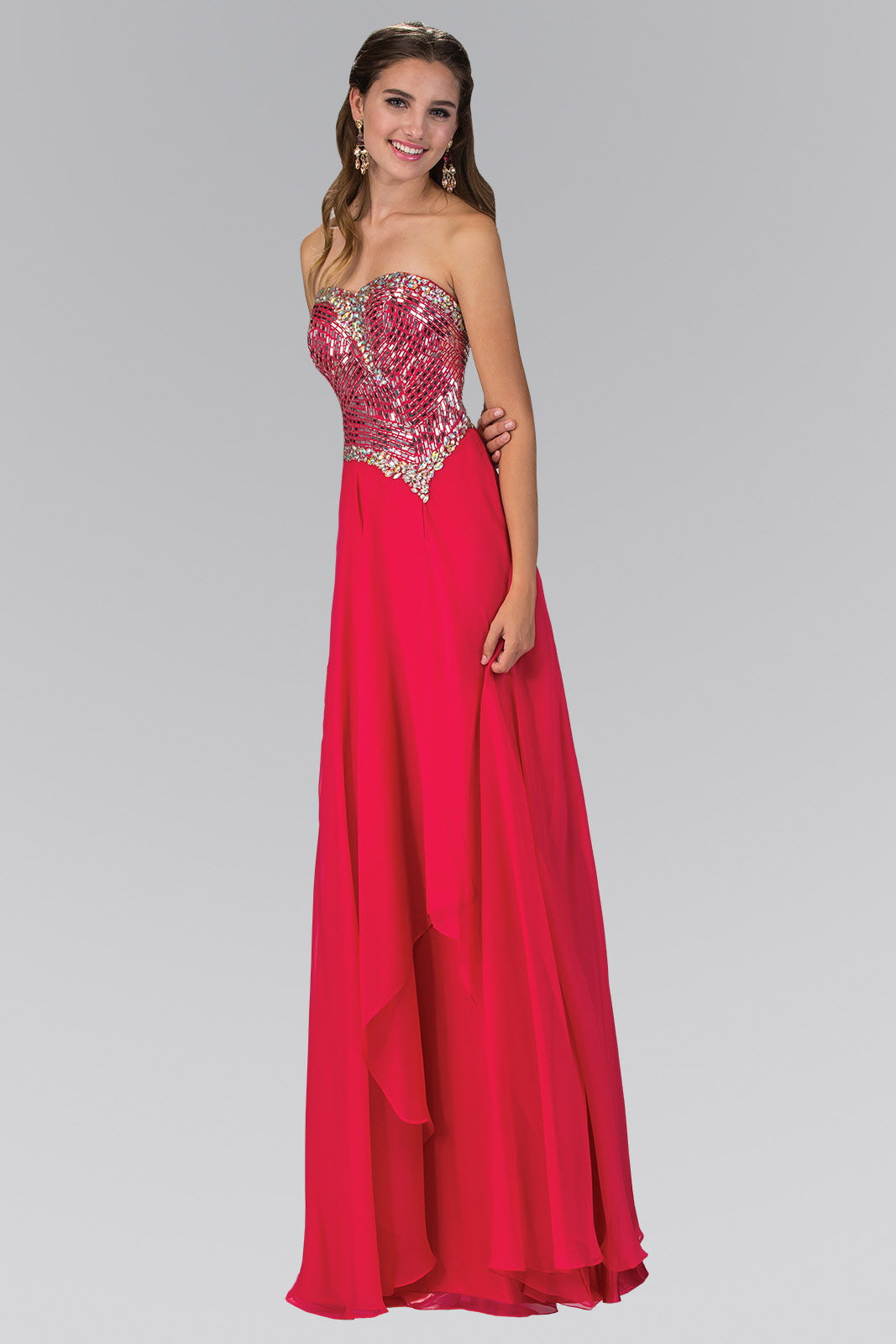 Strapless Chiffon Floor Length Dress with Jeweled Bodice - RoshelLuxe.com