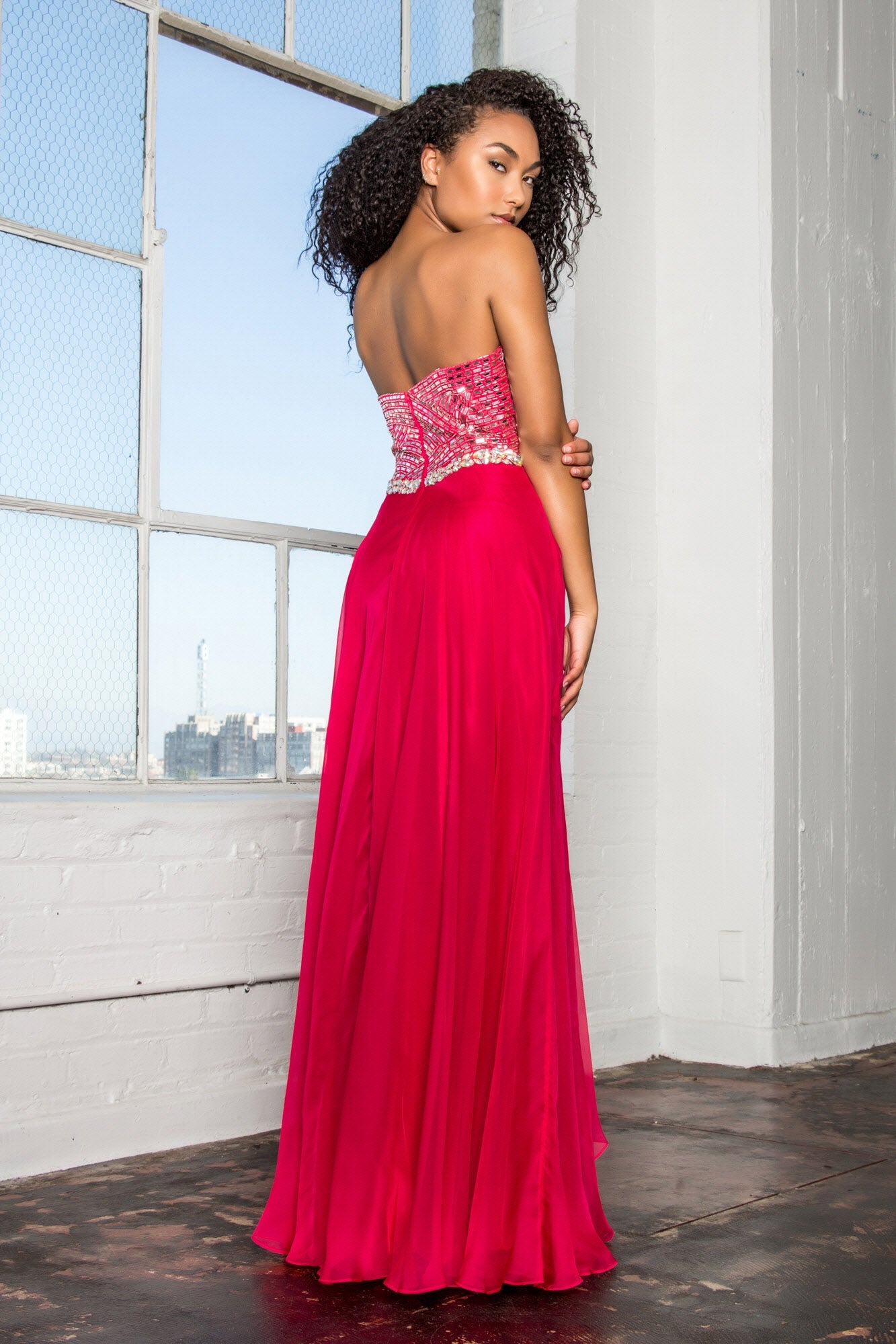 Strapless Chiffon Floor Length Dress with Jeweled Bodice - RoshelLuxe.com