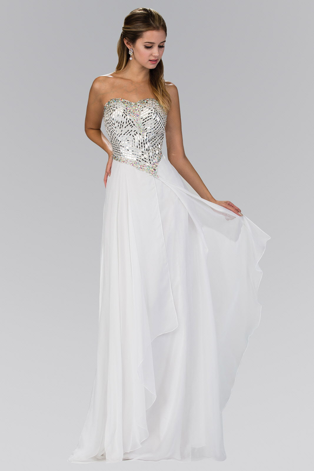 Strapless Chiffon Floor Length Dress with Jeweled Bodice - RoshelLuxe.com