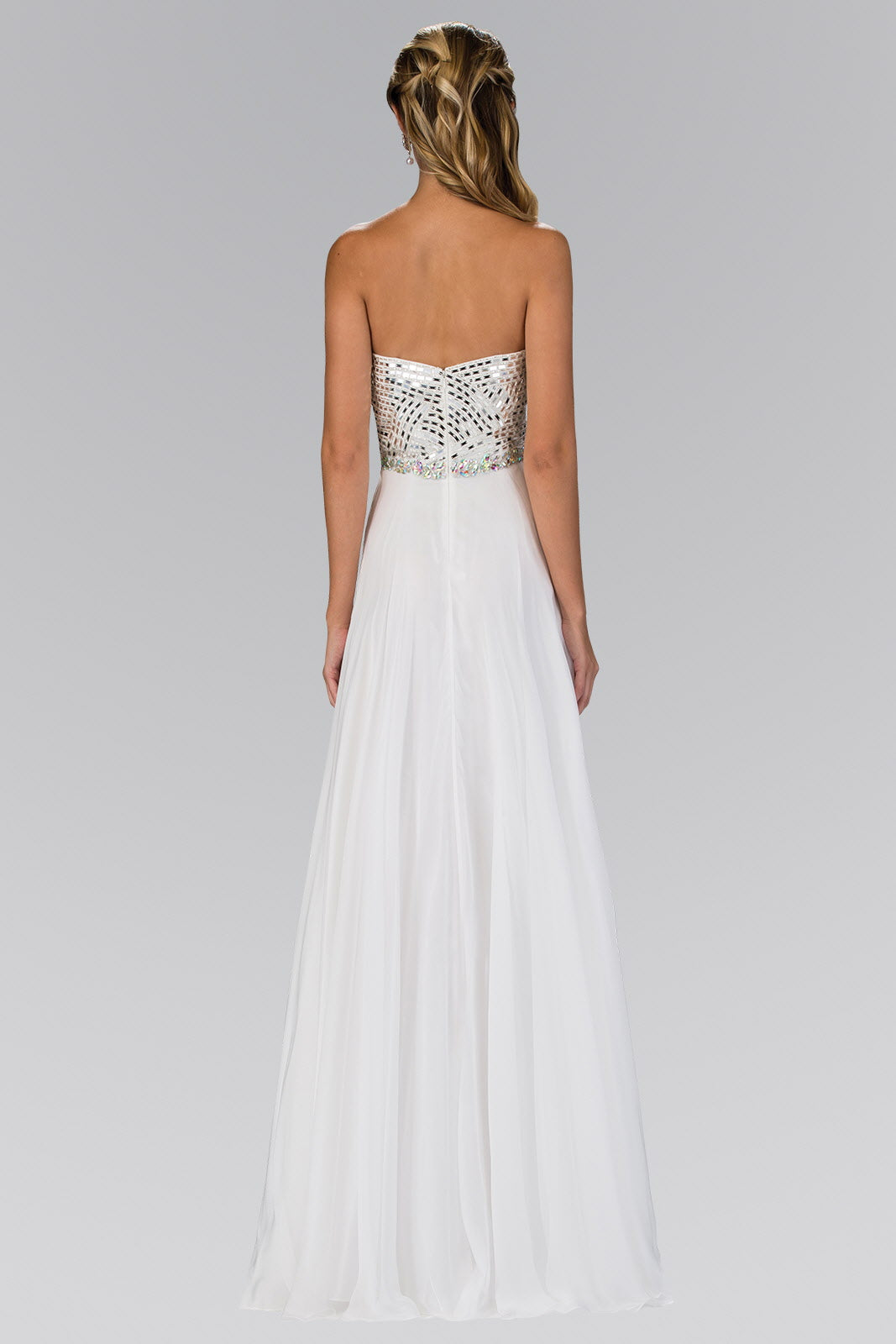 Strapless Chiffon Floor Length Dress with Jeweled Bodice - RoshelLuxe.com