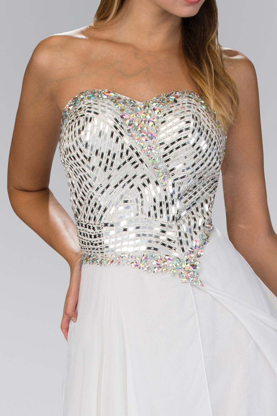 Strapless Chiffon Floor Length Dress with Jeweled Bodice - RoshelLuxe.com
