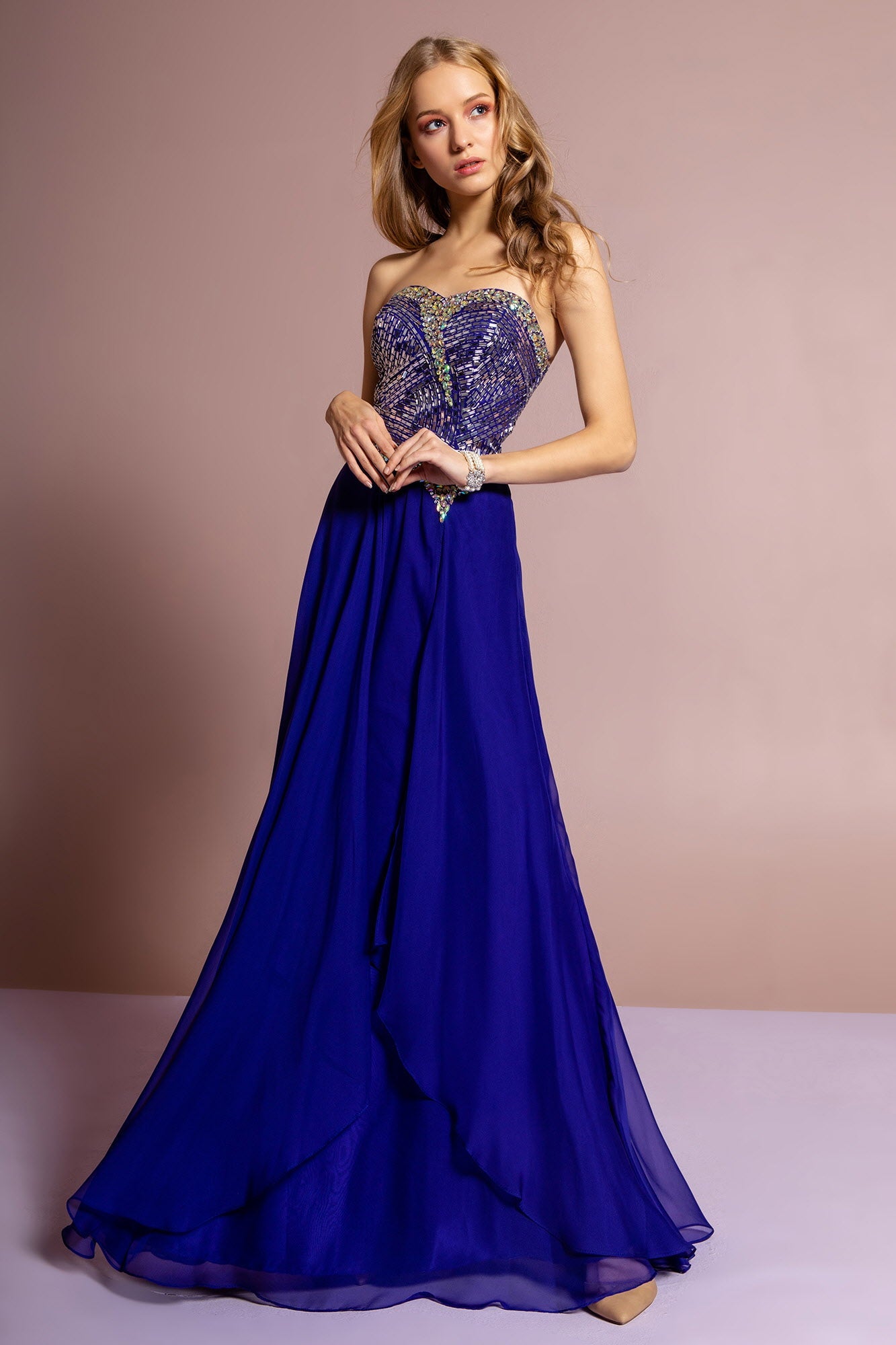 Strapless Chiffon Floor Length Dress with Jeweled Bodice - RoshelLuxe.com