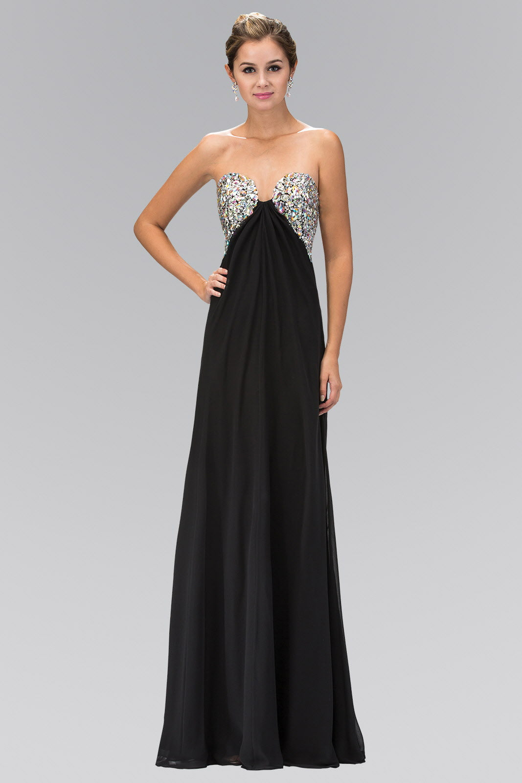 Strapless Open Back Chiffon Long Dress with Jewel Embellished Bust - RoshelLuxe.com