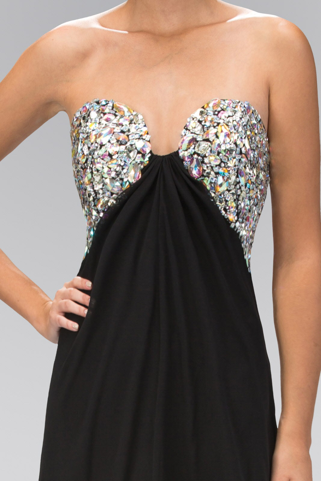 Strapless Open Back Chiffon Long Dress with Jewel Embellished Bust - RoshelLuxe.com