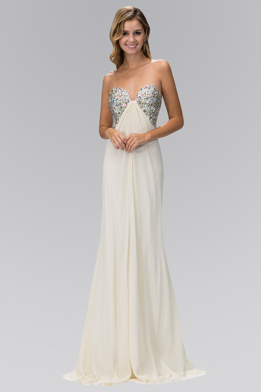 Strapless Open Back Chiffon Long Dress with Jewel Embellished Bust - RoshelLuxe.com