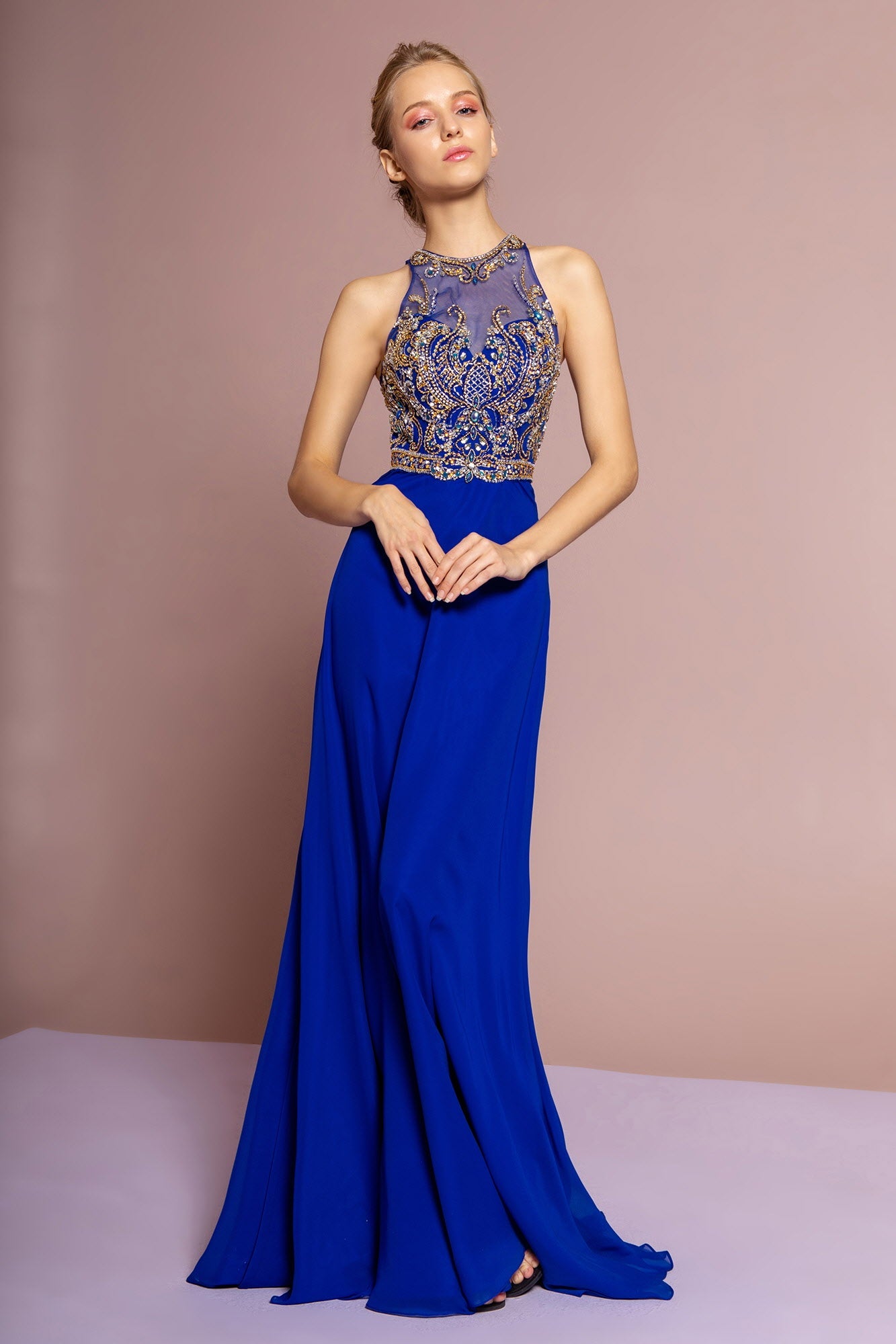 Jewel and Bead Embellished Long Dress with Back Cut Out - RoshelLuxe.com