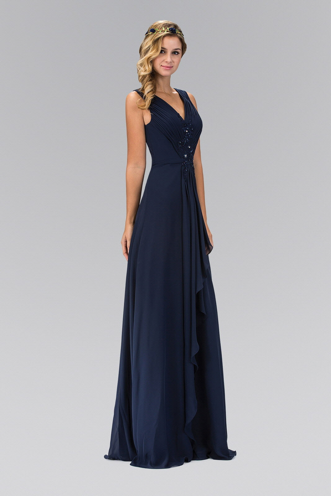 Sleeveless Long Chiffon Dress Accented with Floral Bead - RoshelLuxe.com