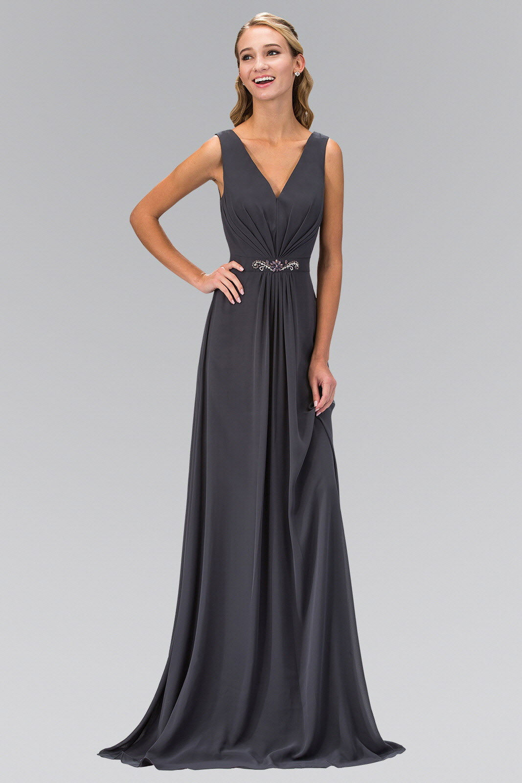 V-Neck Chiffon Long Dress Accented with Jewel on Waist - RoshelLuxe.com