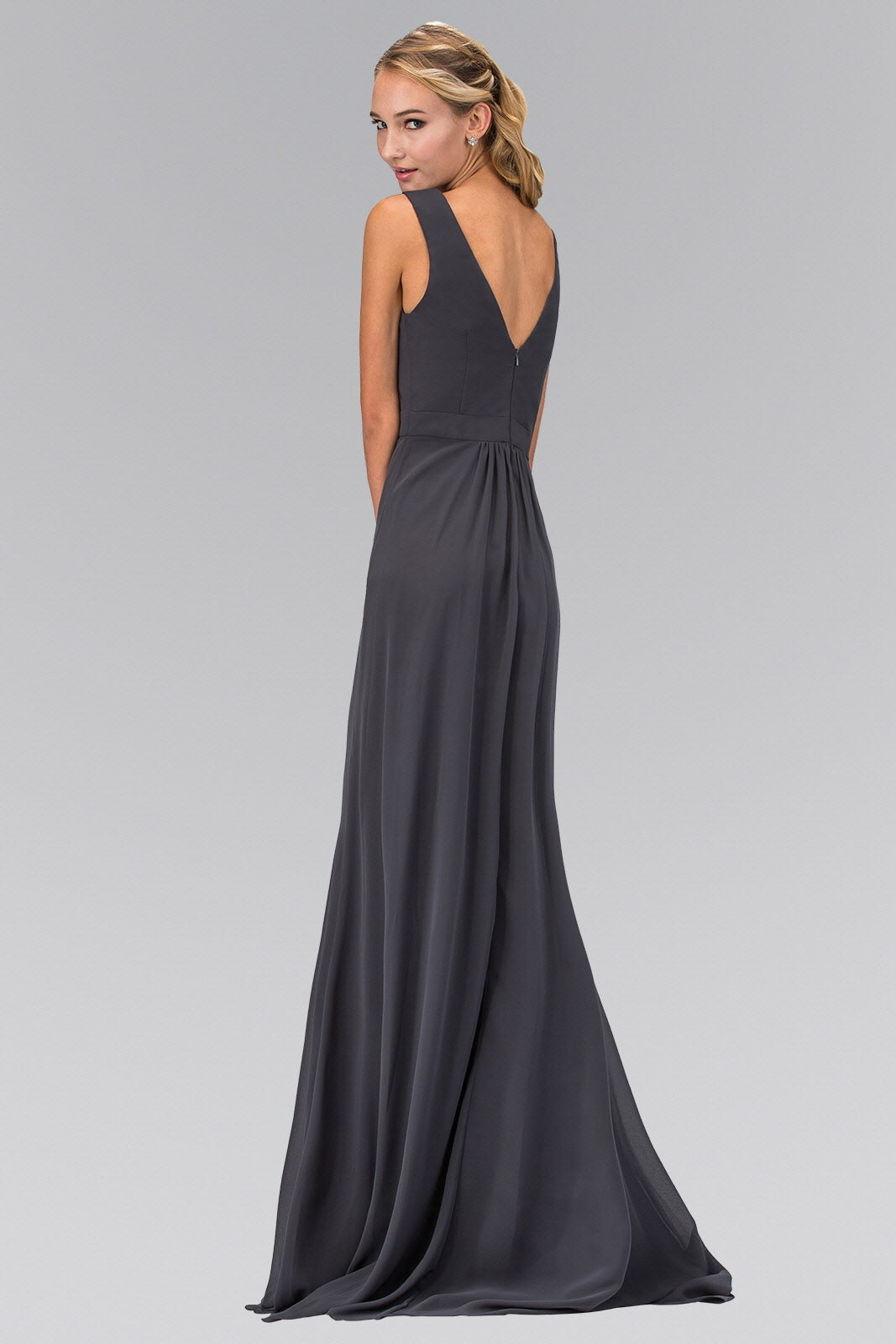 V-Neck Chiffon Long Dress Accented with Jewel on Waist - RoshelLuxe.com