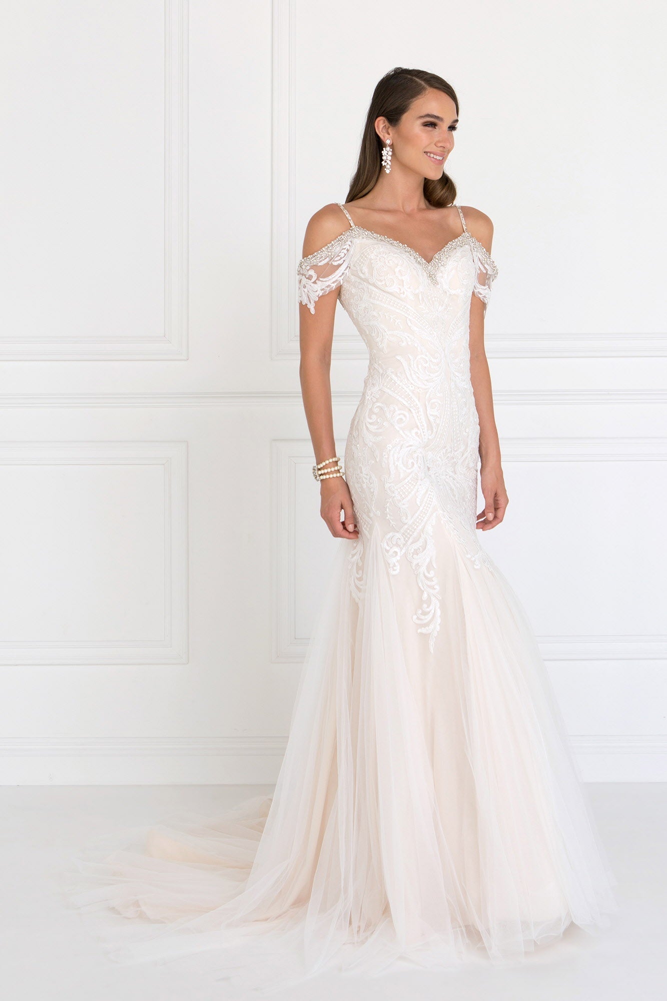 Tulle Off-Shoulder Sweetheart Mermaid Long Dress with Lace Applique - RoshelLuxe.com