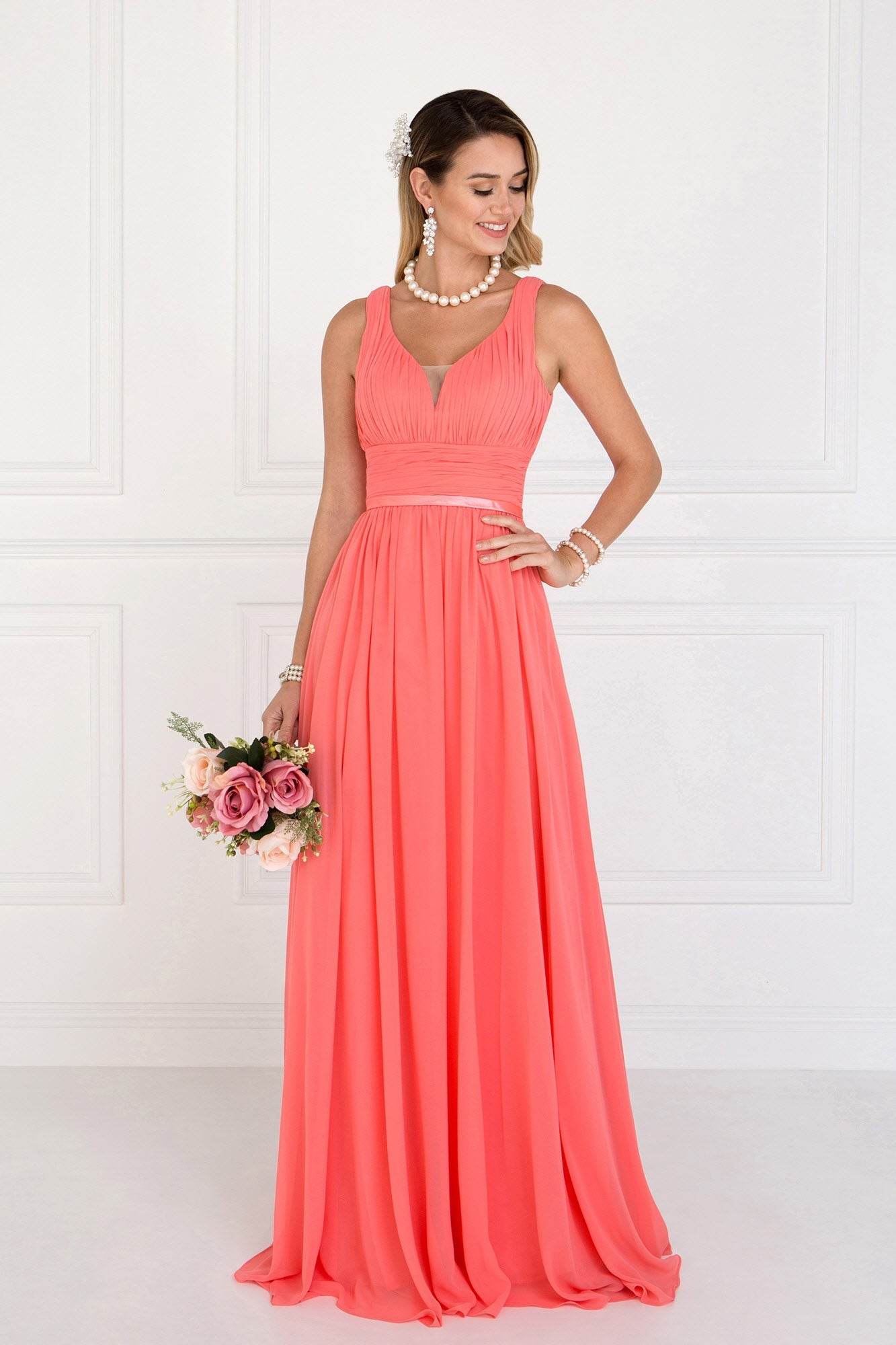 Chiffon Wide V-Neck A-Line Long Dress - RoshelLuxe.com