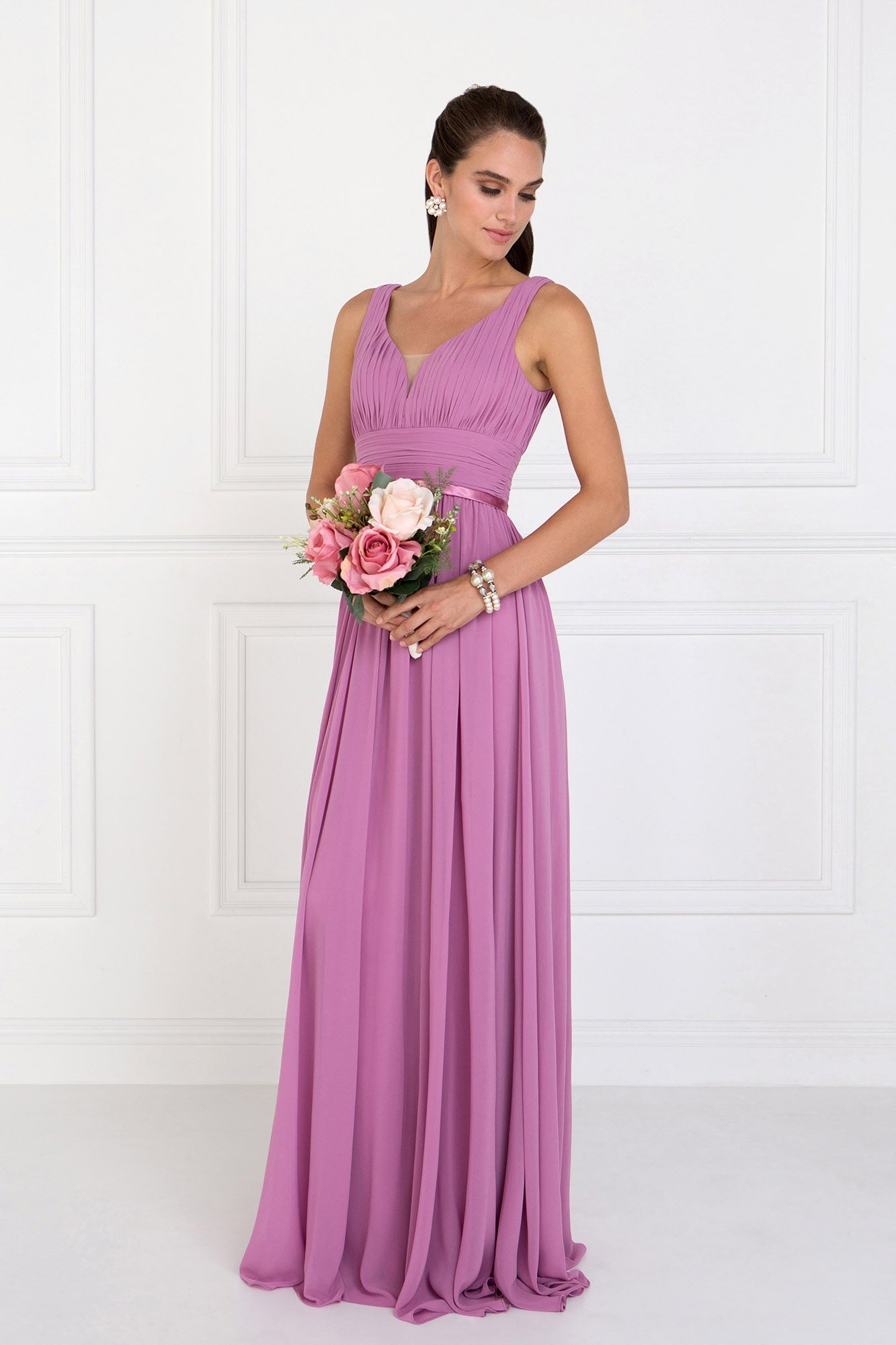 Chiffon Wide V-Neck A-Line Long Dress - RoshelLuxe.com
