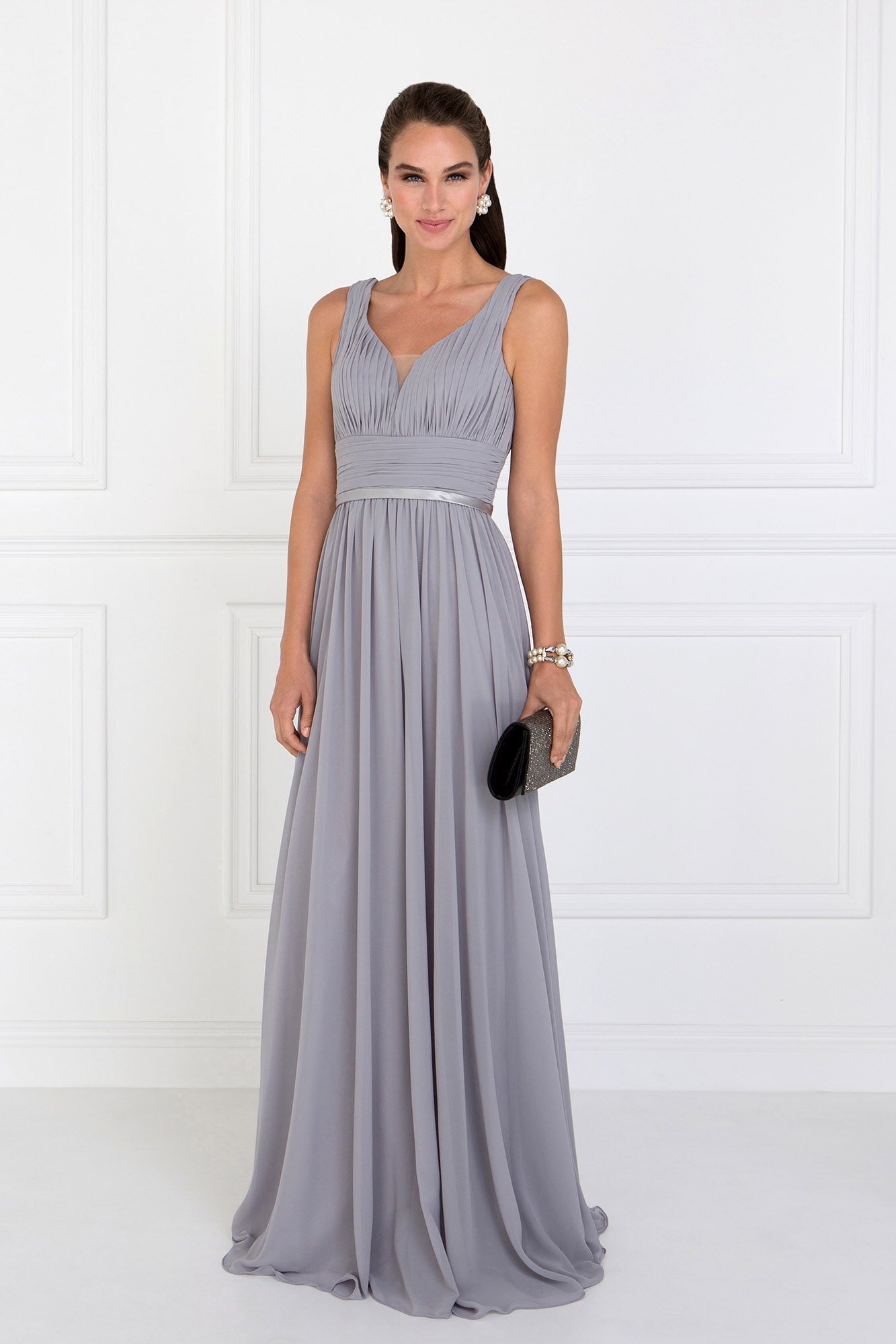 Chiffon Wide V-Neck A-Line Long Dress - RoshelLuxe.com