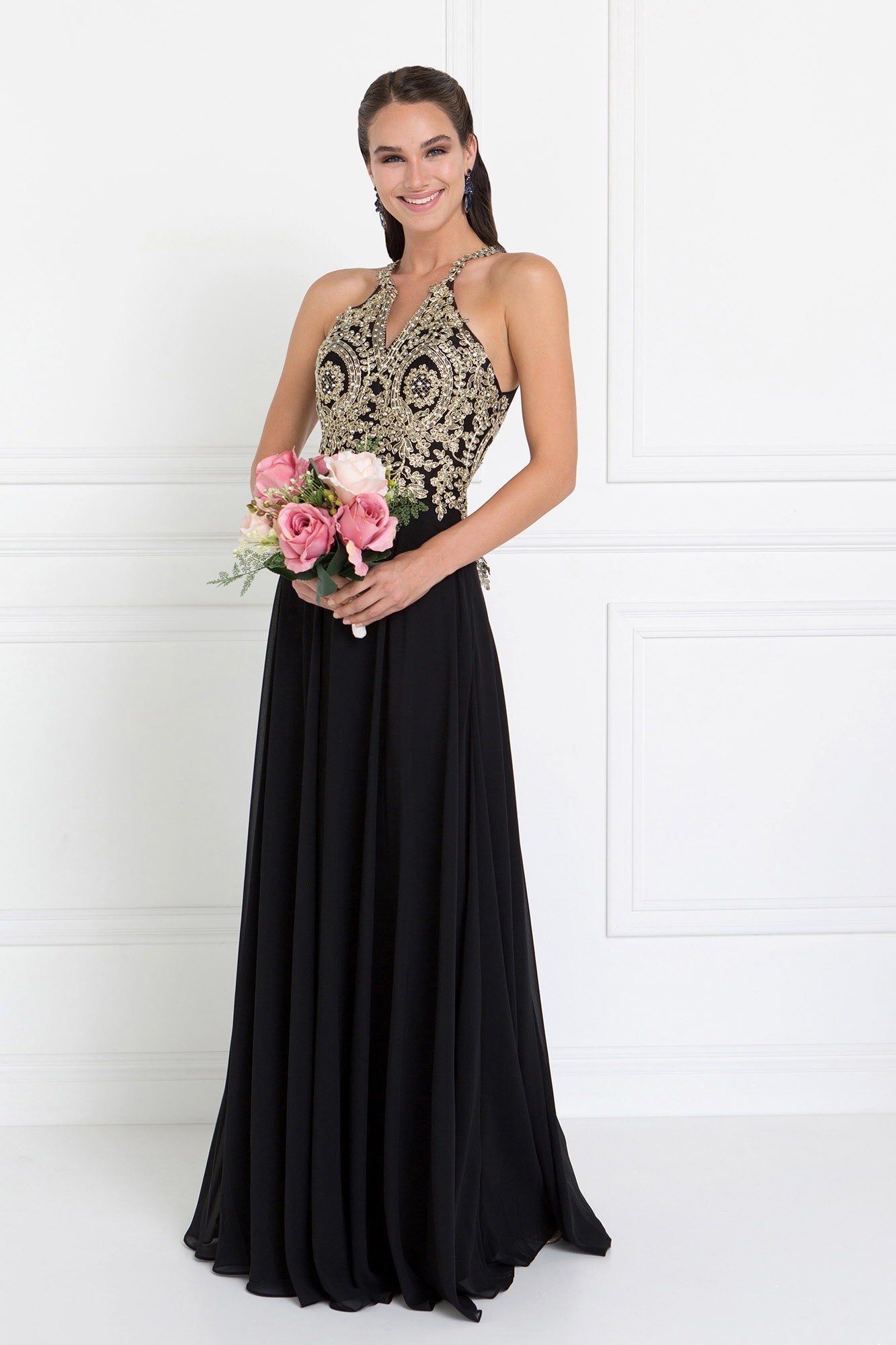 Chiffon Deep V-Back A-Line Long Dress Accented with Embroidery - RoshelLuxe.com