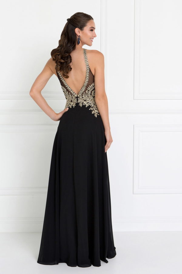 Chiffon Deep V-Back A-Line Long Dress Accented with Embroidery - RoshelLuxe.com