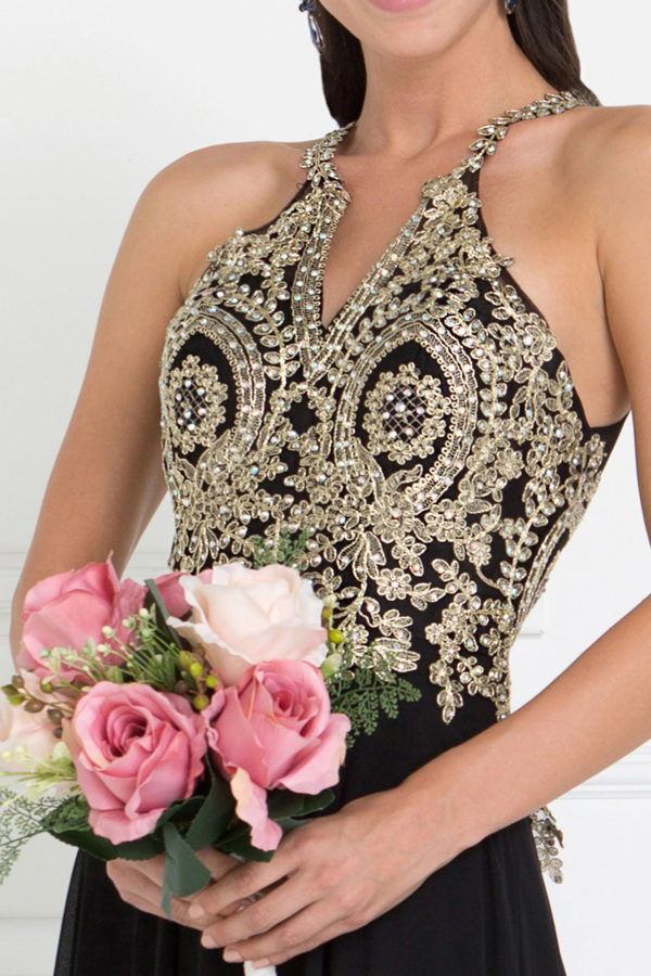Chiffon Deep V-Back A-Line Long Dress Accented with Embroidery - RoshelLuxe.com