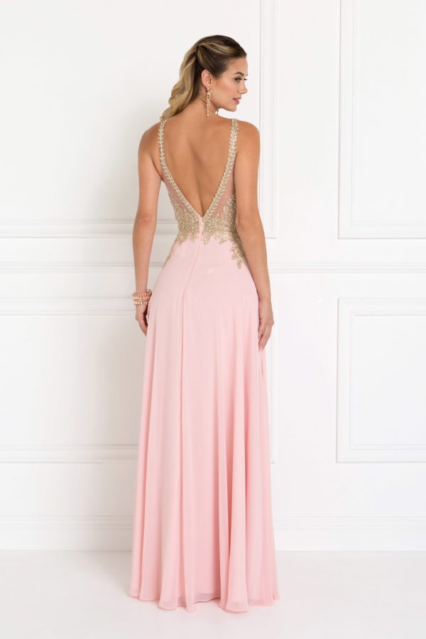 Chiffon Deep V-Back A-Line Long Dress Accented with Embroidery - RoshelLuxe.com