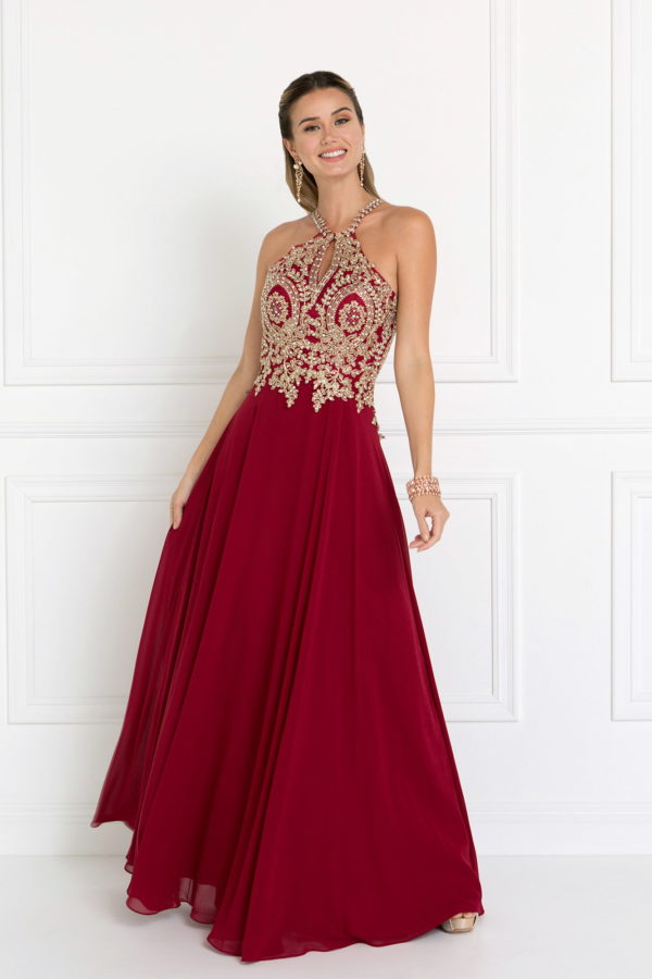 Chiffon Deep V-Back A-Line Long Dress Accented with Embroidery - RoshelLuxe.com