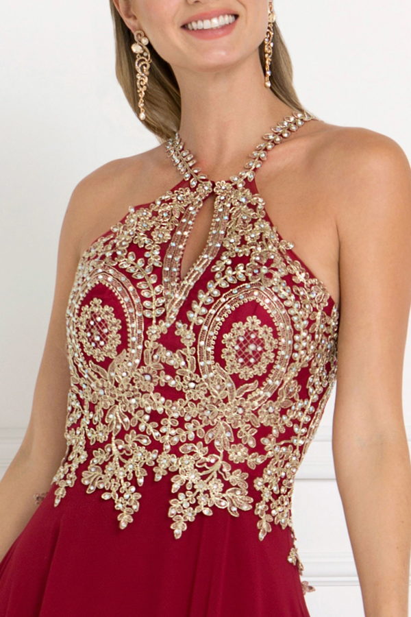 Chiffon Deep V-Back A-Line Long Dress Accented with Embroidery - RoshelLuxe.com