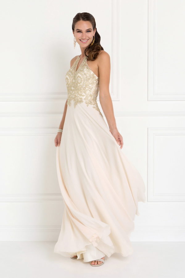 Chiffon Deep V-Back A-Line Long Dress Accented with Embroidery - RoshelLuxe.com